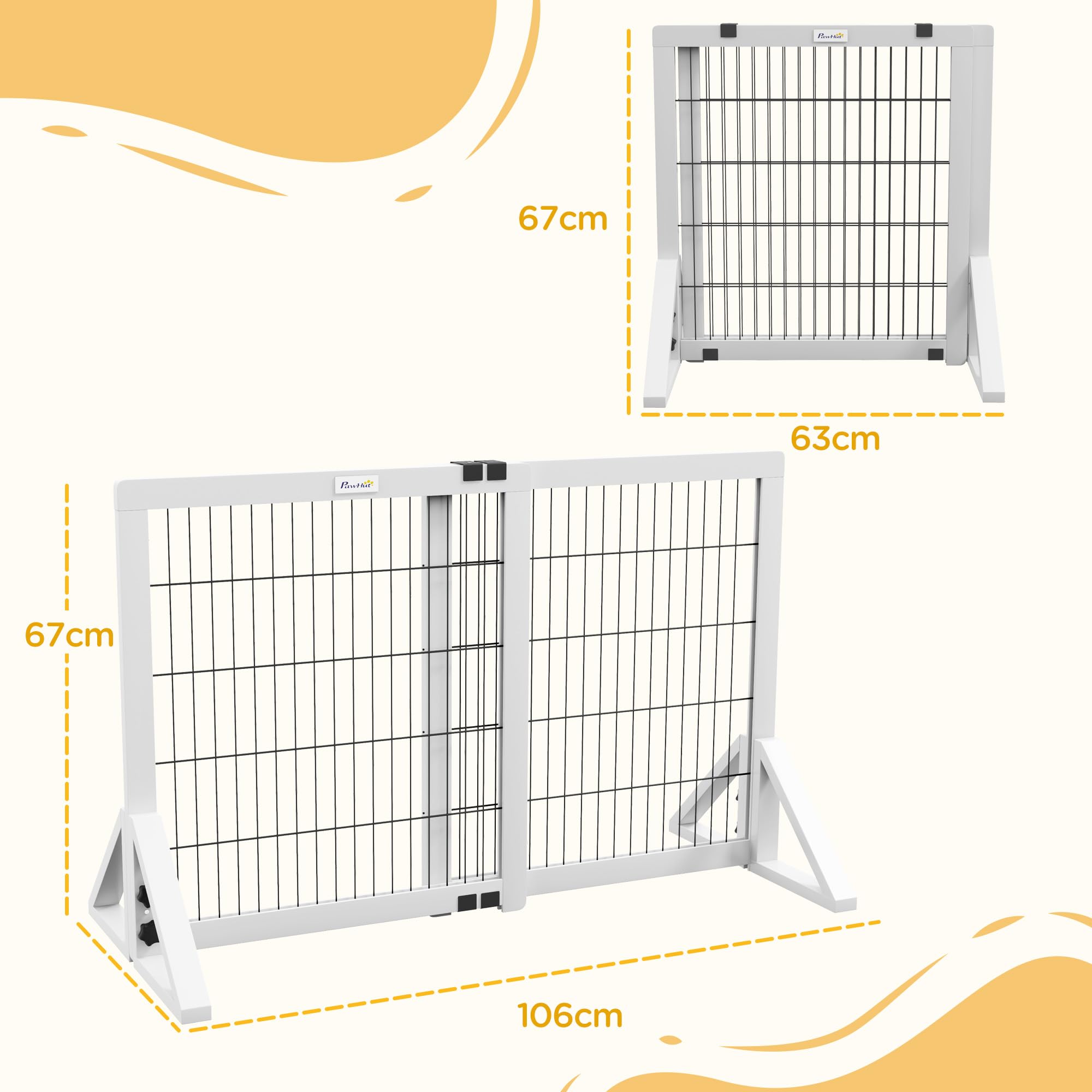 PawHut Barrière de sécurité pour Chien, barrière de Protection à 2 Panneaux Largeur réglable 63-106L x 44l x 67H cm, barrière pour escalier, Porte, couloirs, en Bois de pin et Acier, Blanc