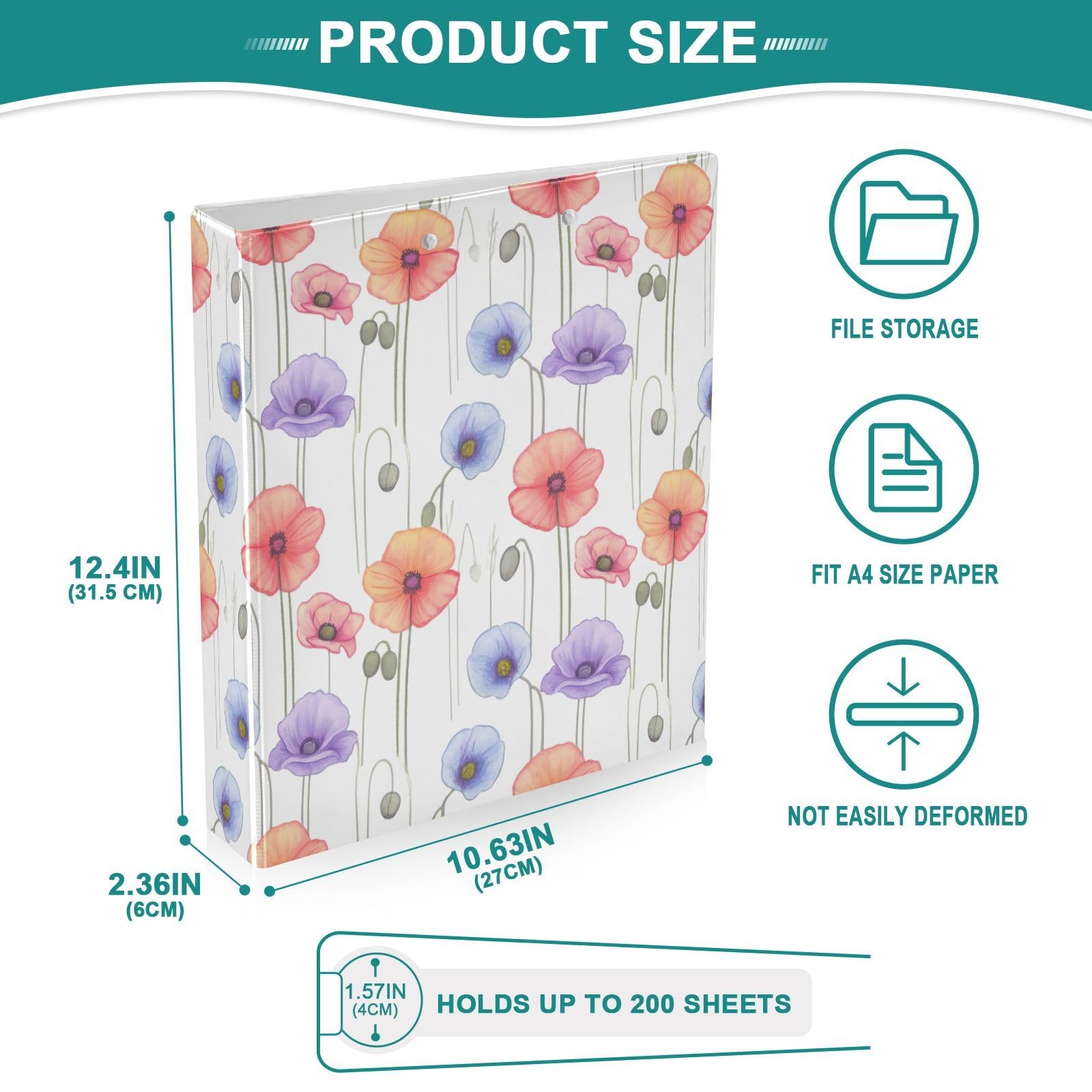 Lot de 2 classeurs décoratifs à 3 anneaux en forme de coquelicot orange pastel de 3,8 cm, avec poches, pour école, collège ou bureau