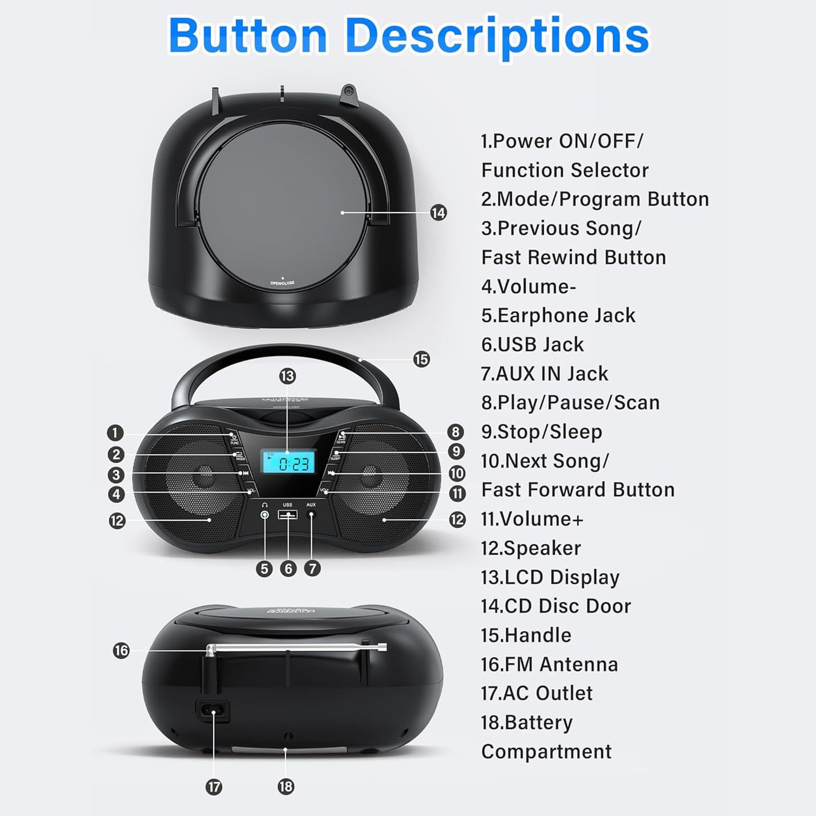 Reproductor de casetes Bluetooth CD Boombox Radio portátil, con asa, Altavoces estéreo duales, Compatible, admite AUX/USB/Auriculares.