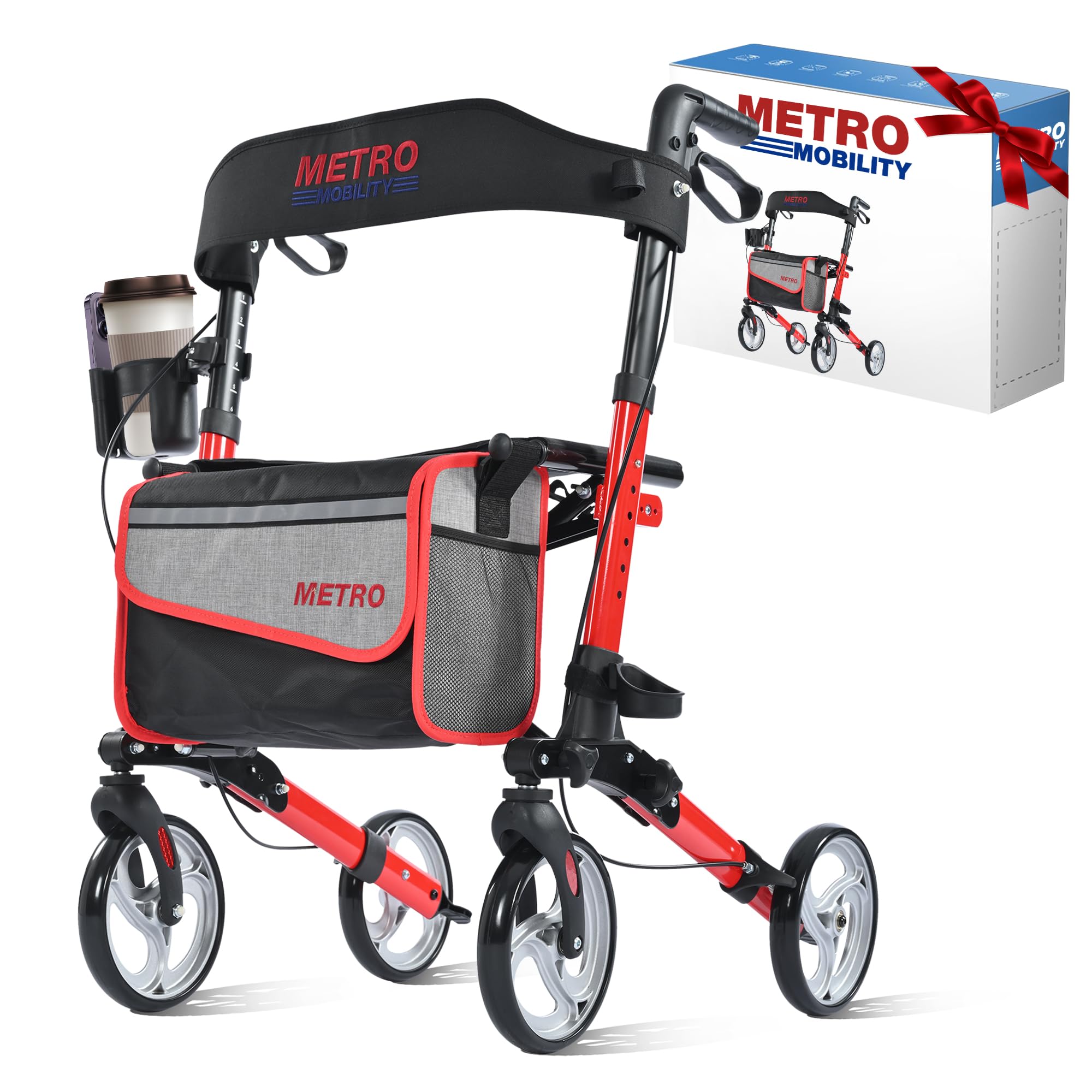 Metro Mobility Rollator Walker with Seat for Seniors, Foldable Lightweight Rolling Walker, 8" Big Wheels for All Terrain, 300 lb. Weight Capacity, Red