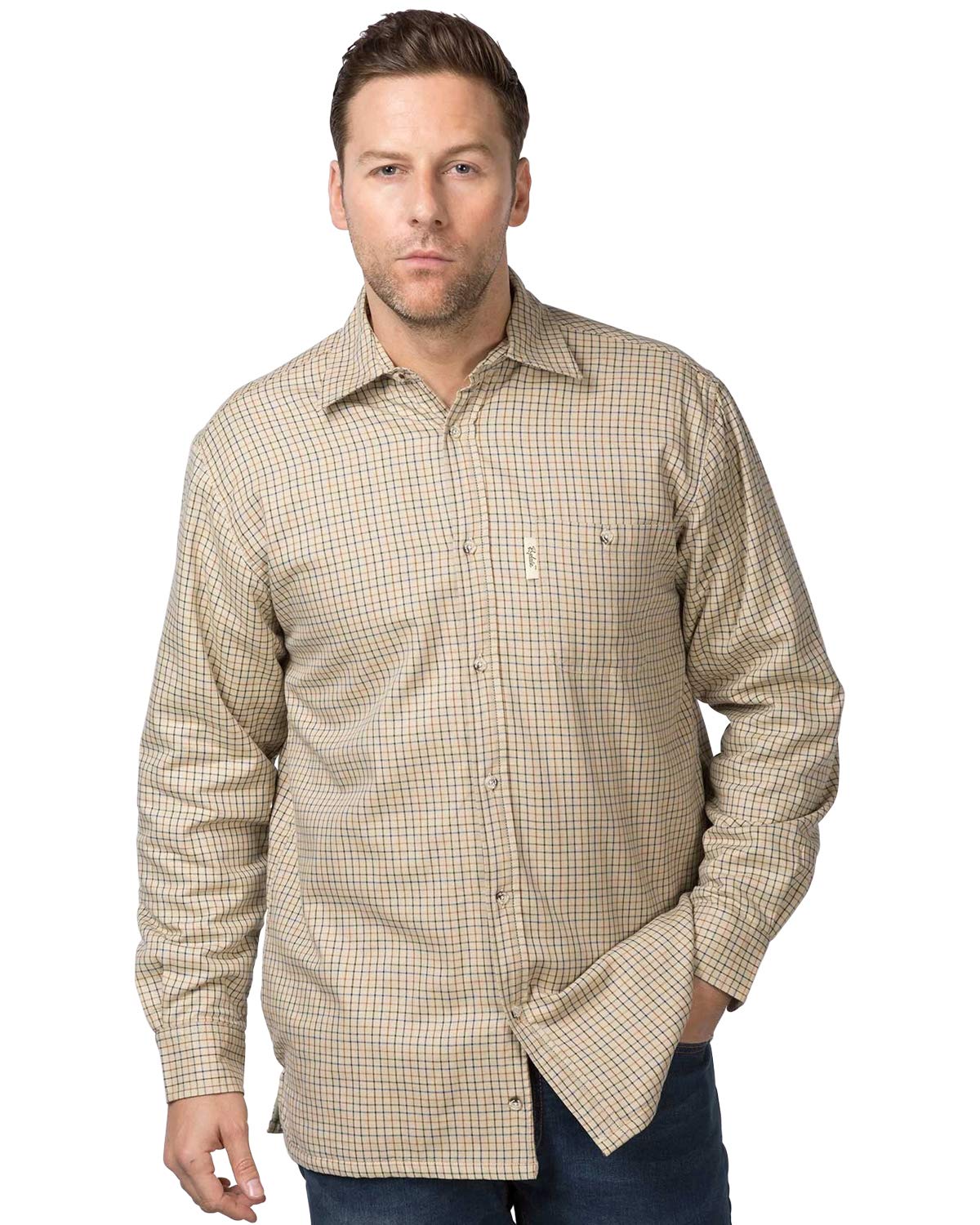 Rydale Men's Poacher Beige Thick Fleece Lined 100% Cotton Button Up Checked Shirt Gents Outdoor Country Work Shirt (, XXXX-Large)