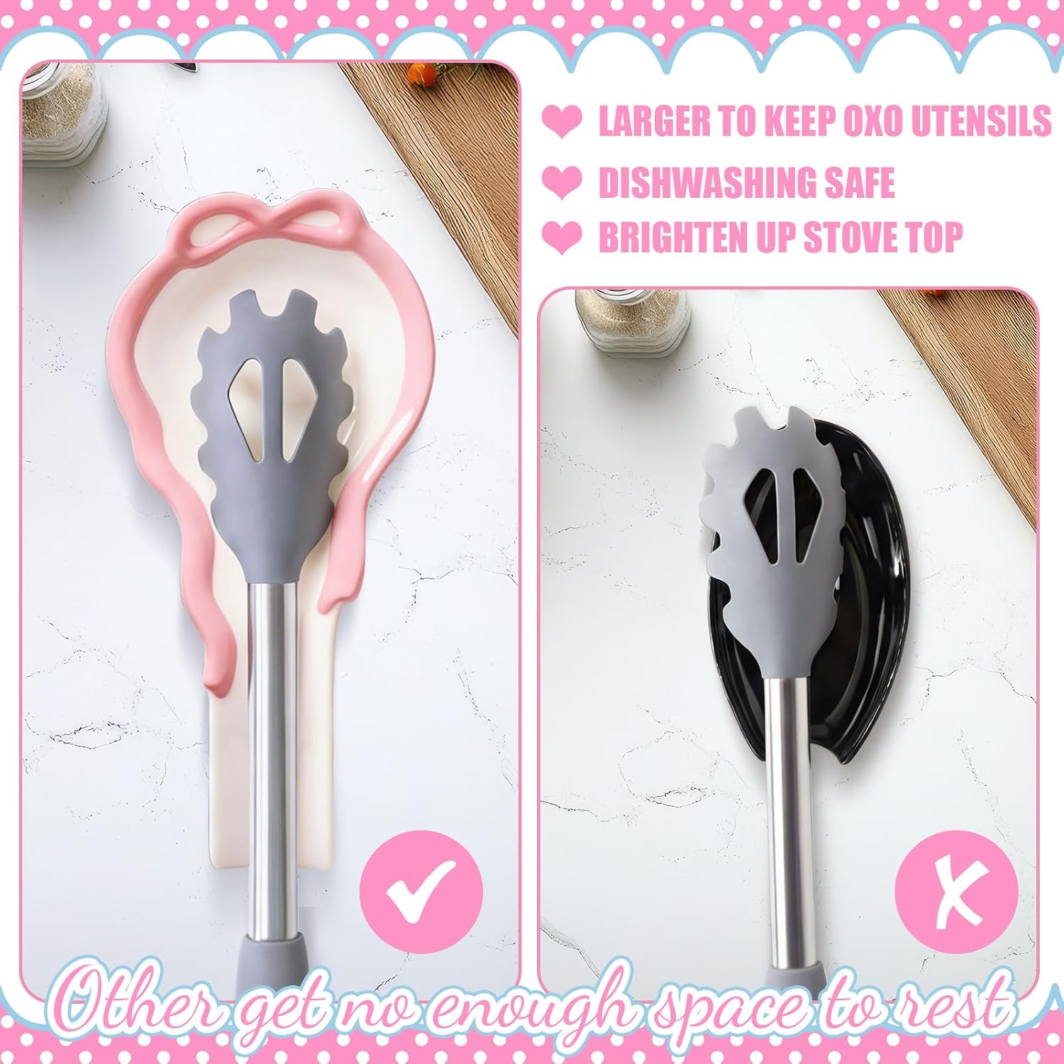 Lemonroad Pink Bow Spoon Rest, Large Ceramic Spoon Holder for Stove Top