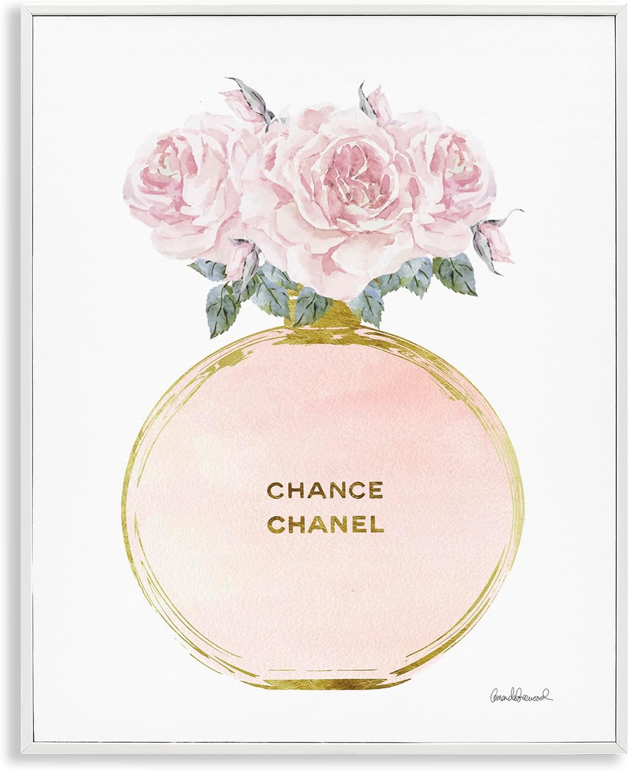 Stupell Industries 'Pink and Gold Round Perfume Bottle with Roses', Framed Giclee Art, White, 24 x 30 Inches, Easy to Hang and Sturdy, Made in USA, by Amanda Greenwood