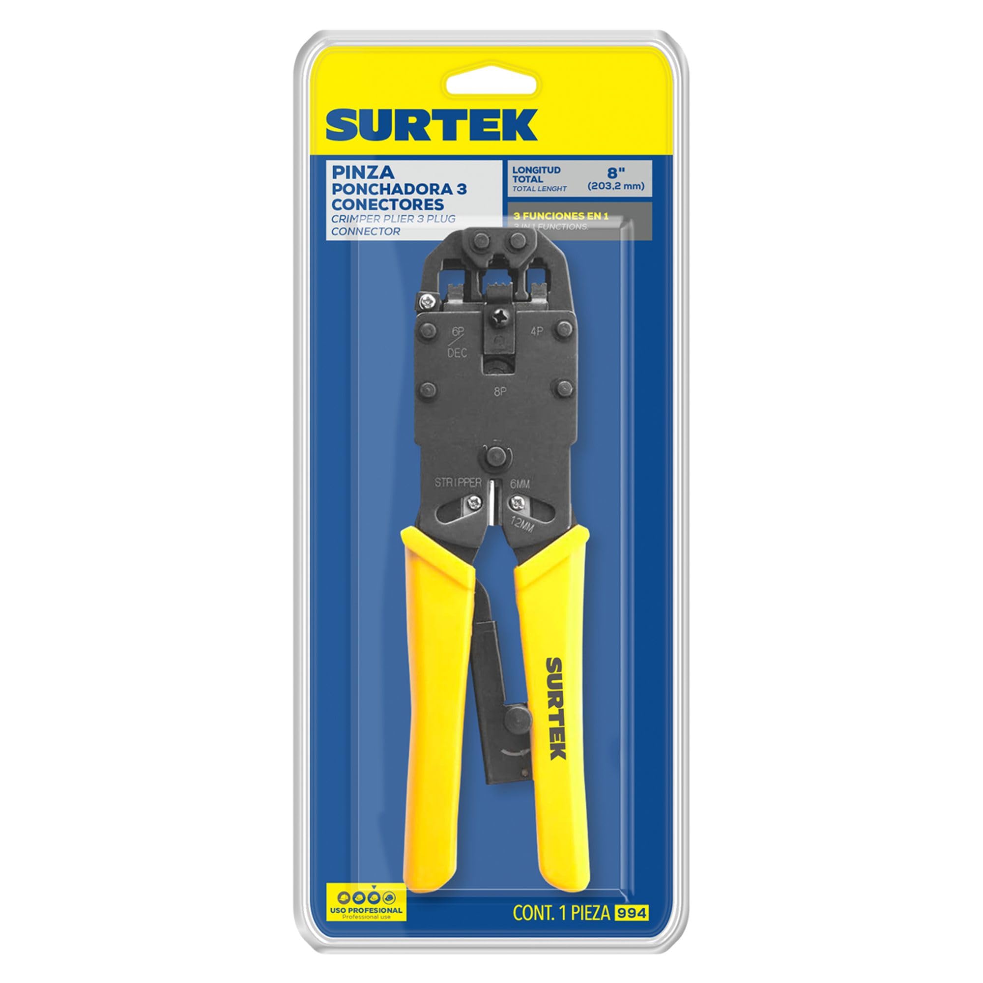 SURTEK Pinza per crimpare cavo dati, 20,3 cm, con 3 connettori in 1 (RJ45, RJ12, RJ9) e impugnatura sagomata per cuscino - 994