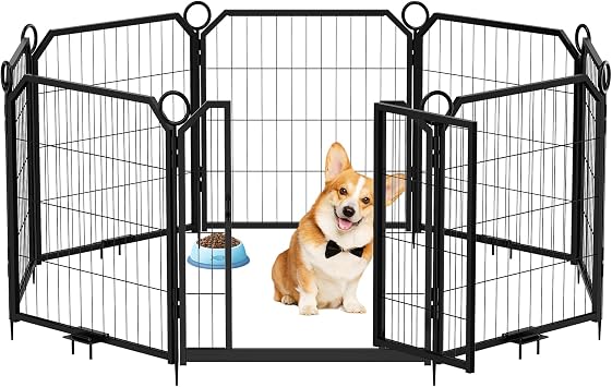 24 Inch Dog Playpen for Puppies & Dogs - 8 Panel Heavy Duty Metal Dog Fence Indoor/Outdoor | Puppy Playpen with Anti-Rust Coating | Portable Dog Pen for Yard, Garden, RV Camping Black