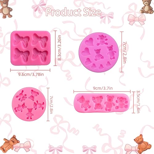 Miniatura 2 de Juego de 4 moldes de silicona para oso y lazo para fondant, chocolate, manualidades de dulces, galletas de bricolaje, decoración de postres,