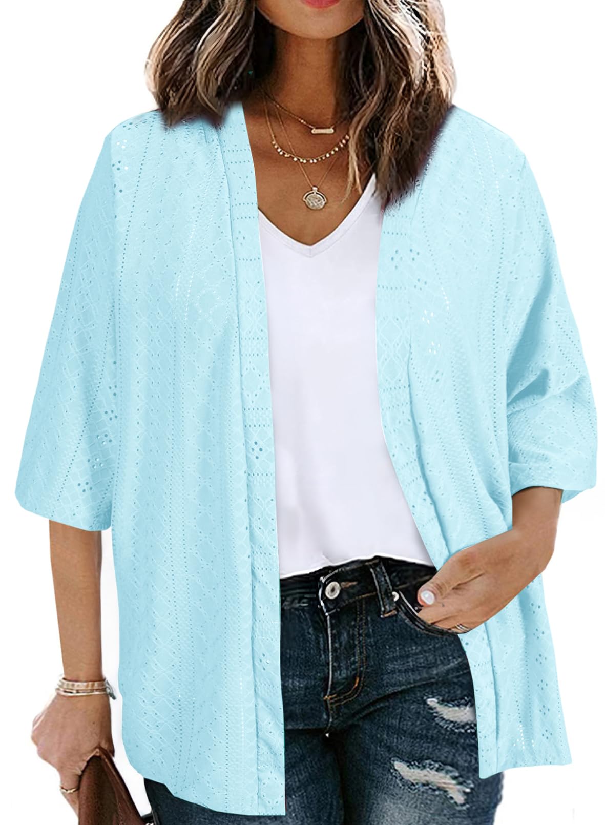 Eytino Plus Size Cardigan for Women Half Sleeve Knitted Jacquard Summer Kimono Cover up Tops(1X-5X)