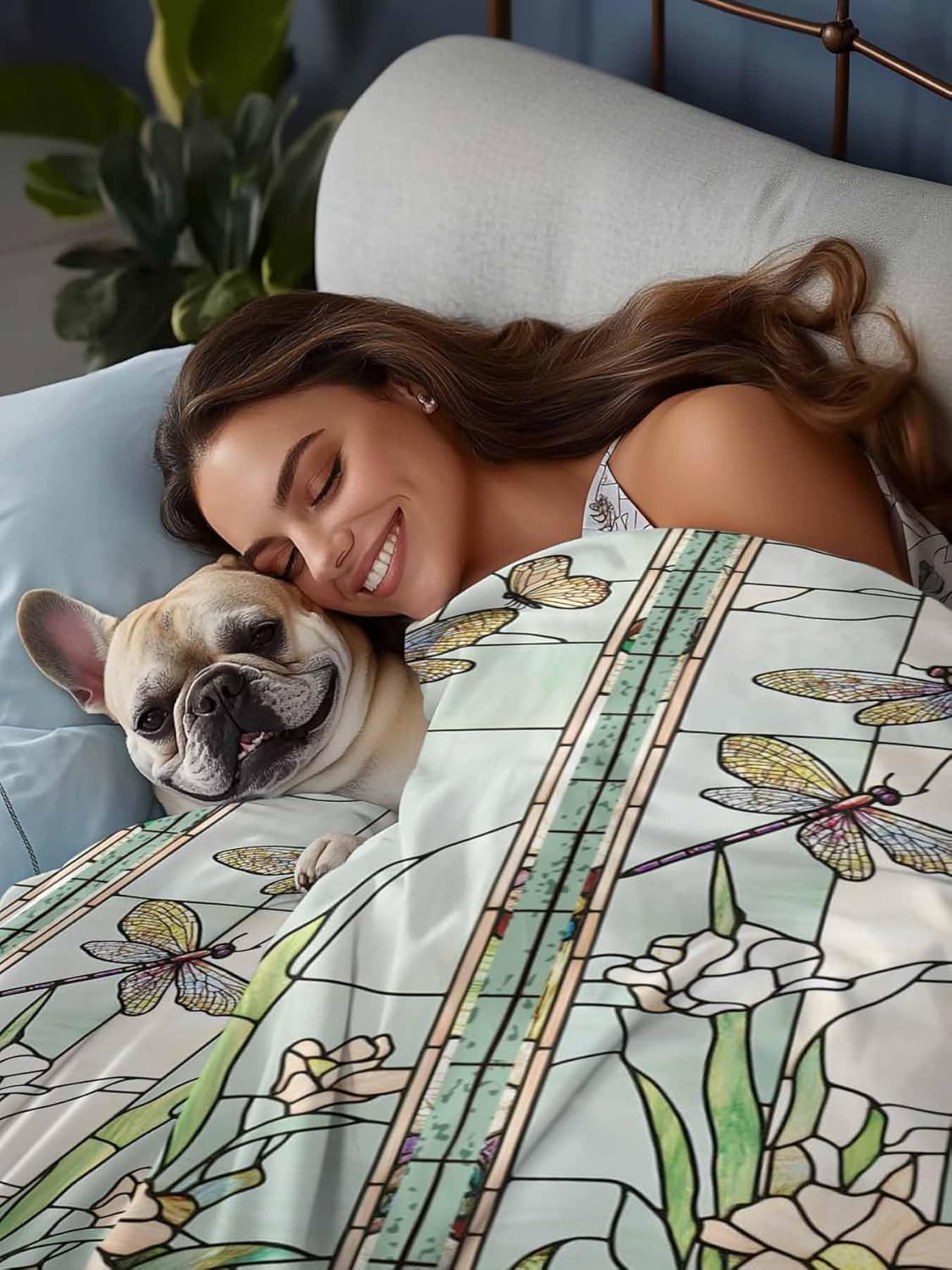 Twin XL Flat Sheet, Dark Green Grass Twin XL Bed Sheets Only, Soft Microfiber Flat Sheet, Flower Dragonfly Retro Pastoral Rustic Hotel Quality Bedding Top Sheet Bedroom Home Dorm Decor