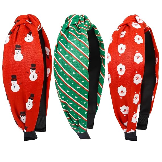 Huachi Christmas Headbands for Women Girls Holiday Knotted Head Bands Festive Top Knot Headband Red Green Hair Hoops 3PCS Hair Accessories for Women