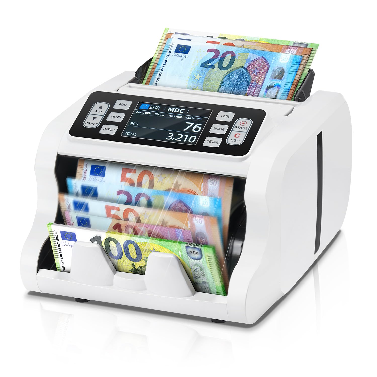MUNBYN 2025 Nuevo Contadora de Billetes de Mixto, Maquina Contar Billetes, Detector Billetes Falsos con UV/MG/IR/MT, EUR, USD, CAD, Más de 120 Divisas, Pantalla TFT de 3.5", 2 Años de Garantía, IMC09