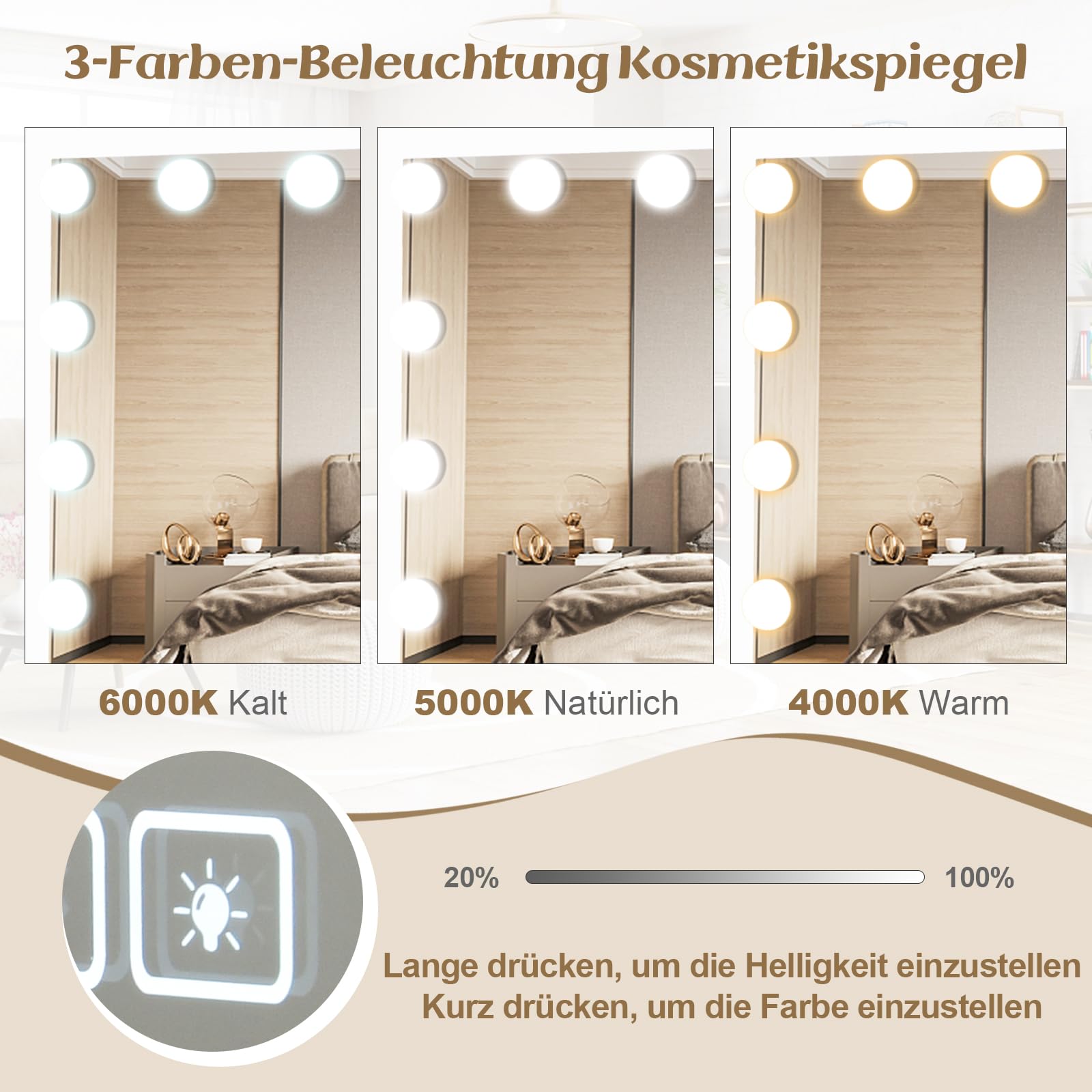 COSTWAY Hollywood Spiegel met verlichting, 10 x vergroting, USB-oplaadpoort en bluetooth-luidspreker, make-upspiegel met 15 dimbare ledlampen, make- upspiegel voor slaapkamer, 58 x 46 cm