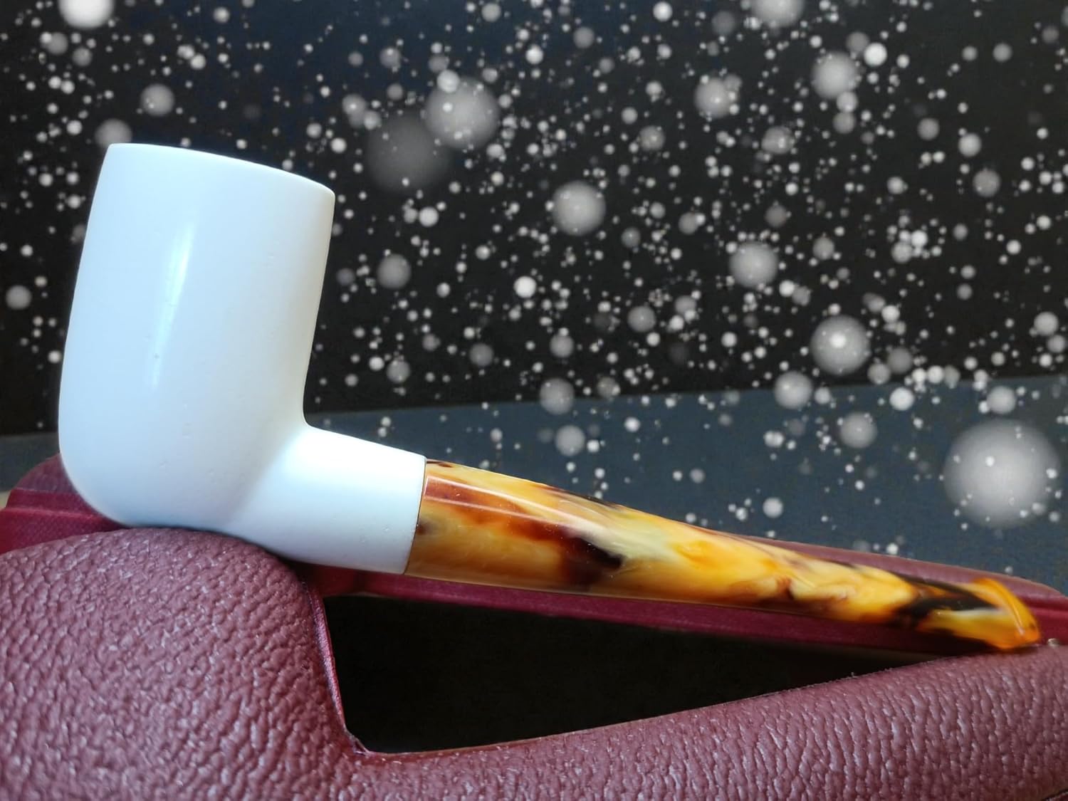 Block Meerschaum Ivory Amber Pipe with Fitted Case, 130mm Length, Smooth Finish, Natural Patina Development