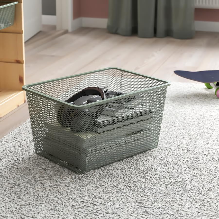 Mesh Storage Box – Steel, Light Green Gray Organizer Bin with Handles for Closet, Bedroom & Home Storage
