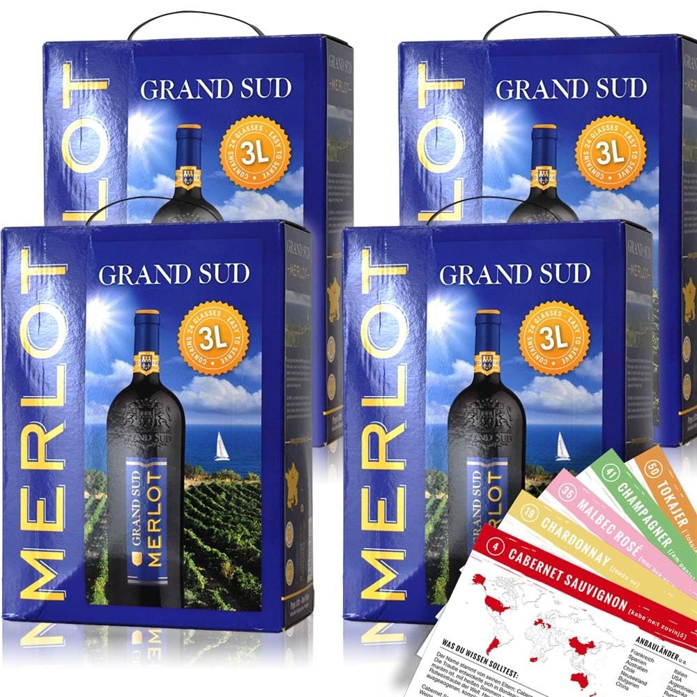 Grand Sud Merlot, trocken, Bag-in-Box, sortenreines Weinpaket + VINOX Winecards (4x3,0l)