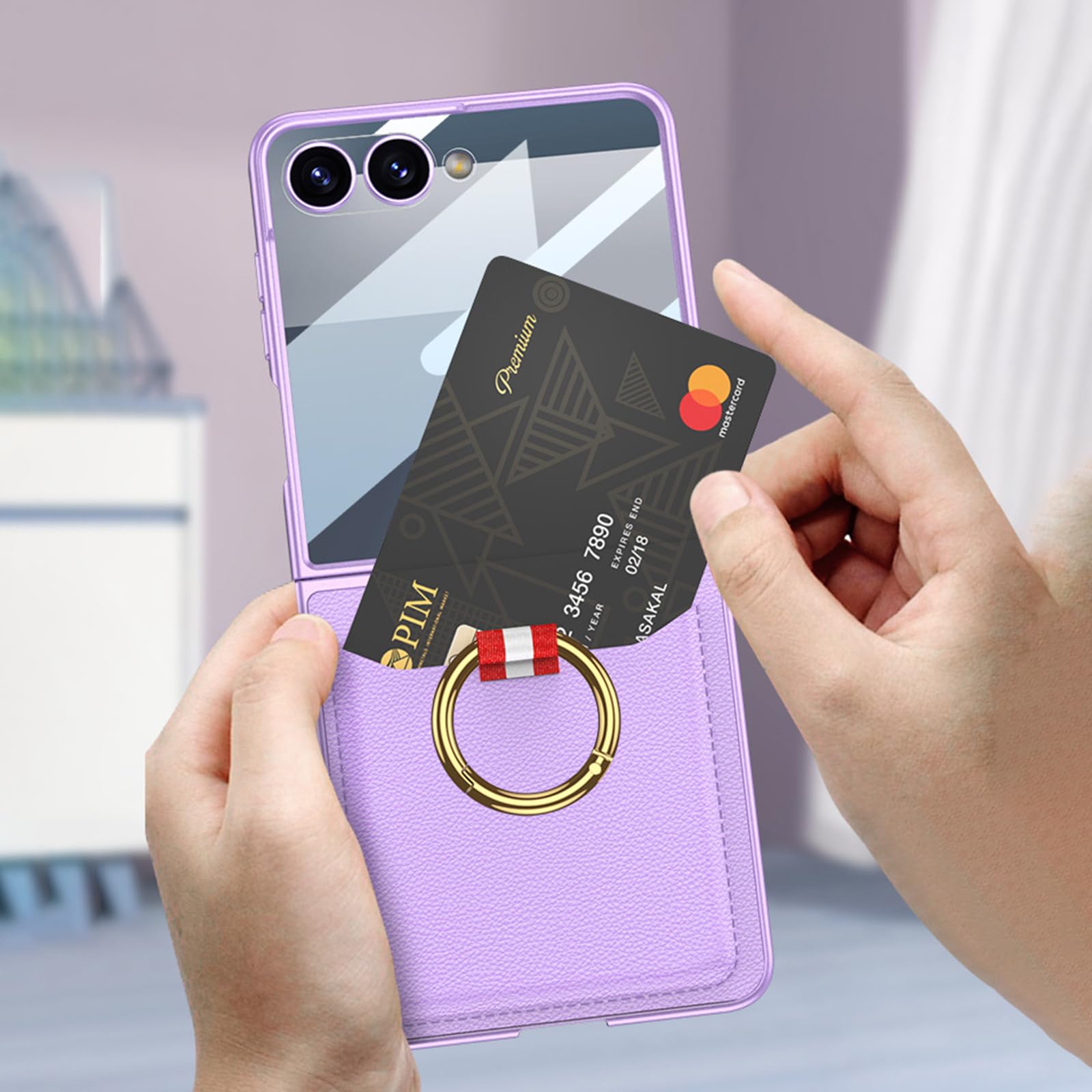 Etui z portfelem do Samsung Galaxy Z Flip 8, etui na karty, skórzane, teksturowane etui z włókna węglowego, z podstawką pierścieniową, osłona ekranu, czarne, Flip 8