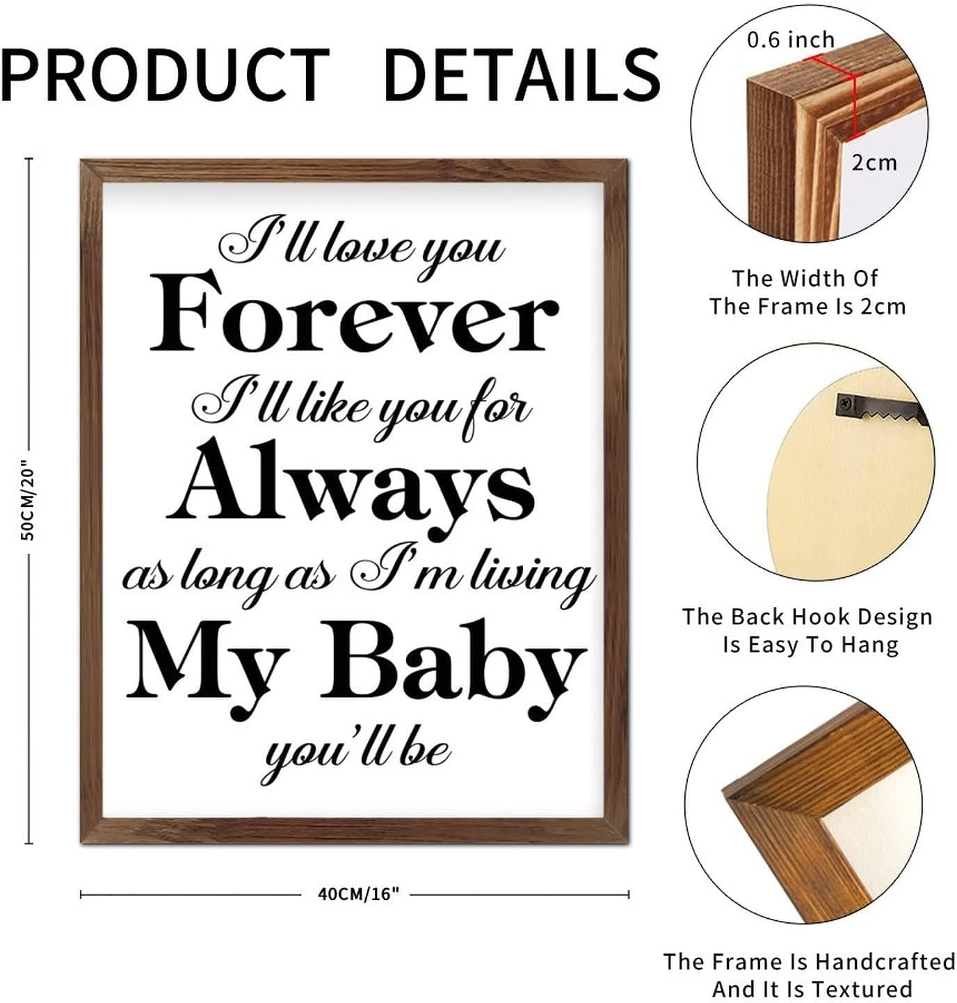 Christian Gift Motivational Quote Country Wood Frame Sign I'll Love You Forever I'll Like You for Always Wood Wall Frame Plaques Wood Framed Wall Hanging Sign Art Decor for Home 20x16in