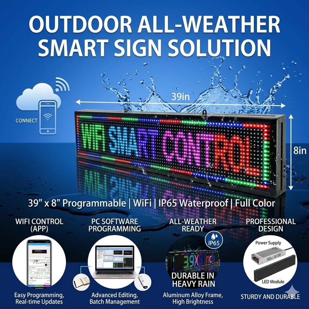 Letrero LED de desplazamiento programable, USB Wifi pequeño para interiores y exteriores, visualización digital de barra para panel de visualización de negocios (40 x 8 pulgadas)