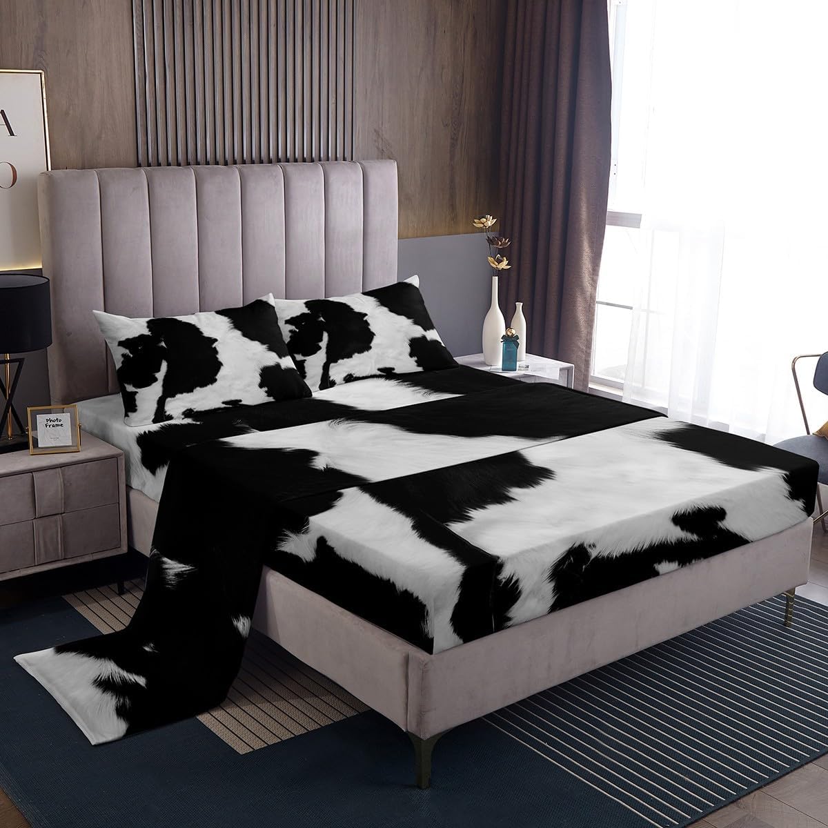 Feelyou Cowhide Fur Bed Sheets Kids Black White Cow Hair Sheet Set Women Men Microfiber Soft Rustic Cow Skin Decor Bedding Set Farmhouse Bed Sheet Set Queen Size with 2 Pillow Case