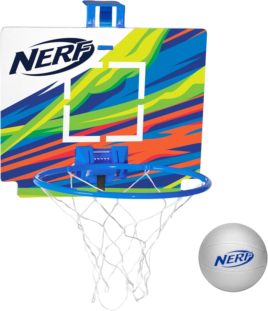 Nerf Mini aro de baloncesto para colocar sobre la puerta, aro de baloncesto de interior Nerfoop para niños, aro de baloncesto con puerta de juguete + mini juego de baloncesto de espuma, perfecto para baloncesto de interior en el dormitorio, azul