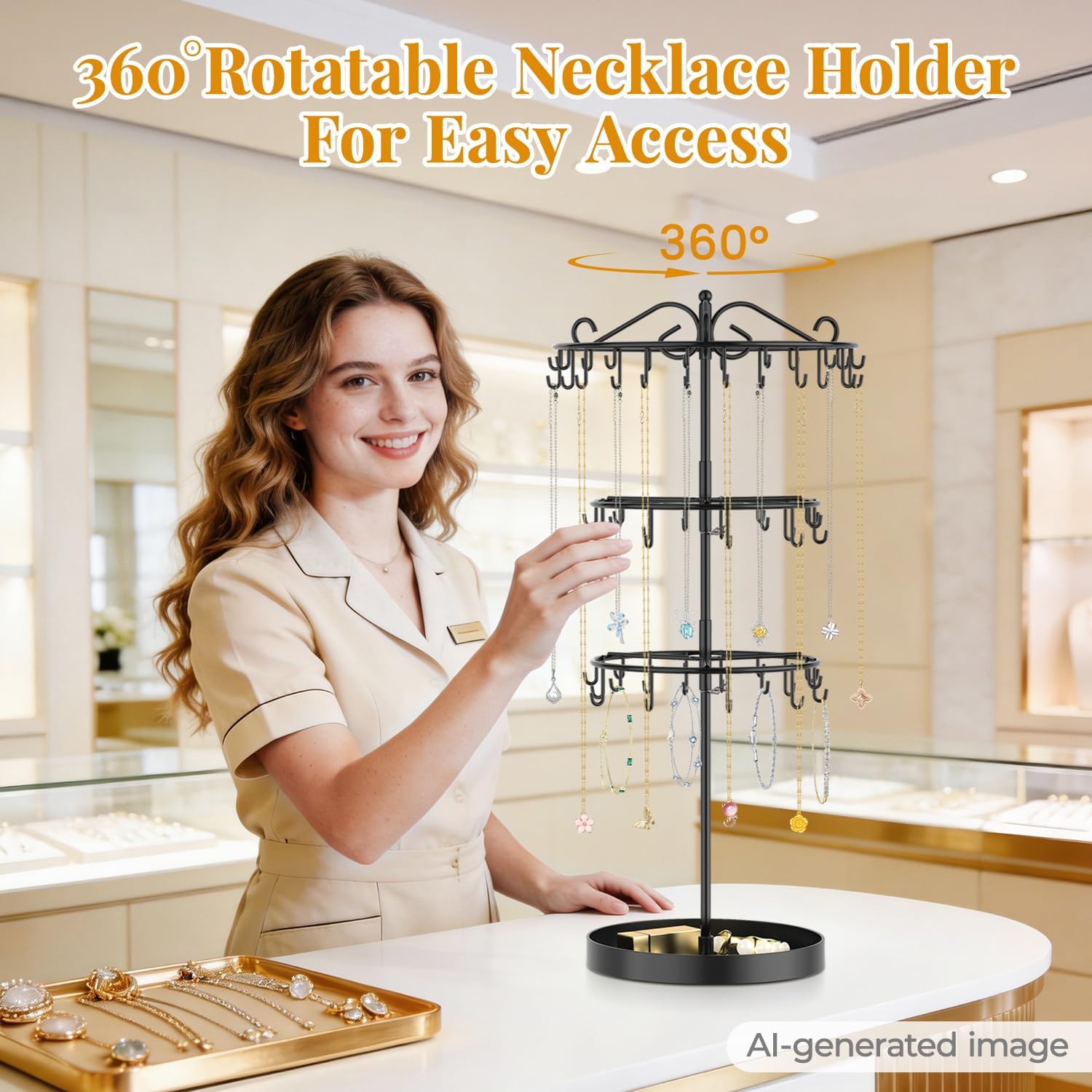 EsLuker.ly Necklace Holder Organizer Rotating Display Stand, 3 Tier Black image 3