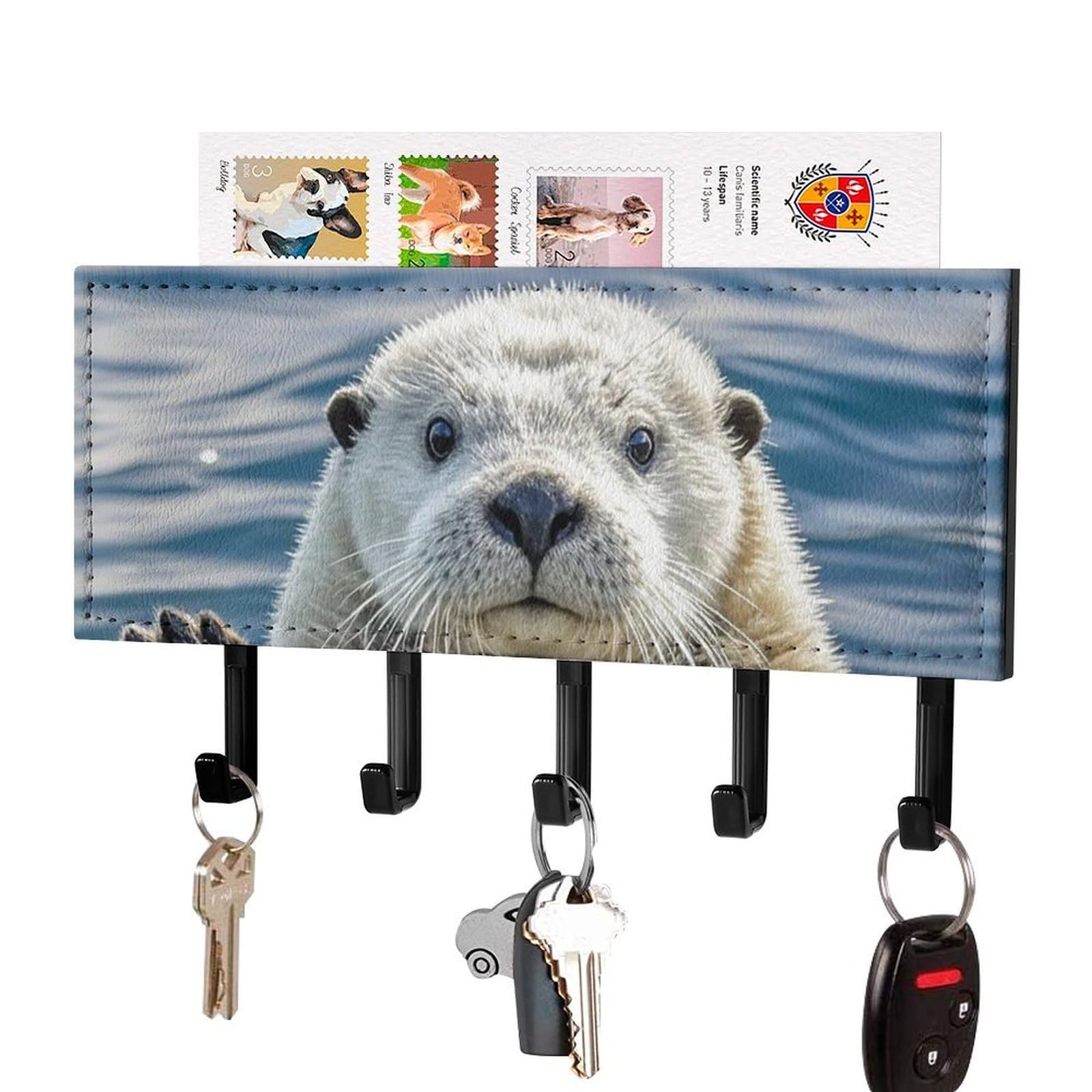 FekiLoot Sea Otter Key Holder Wall Mount Key Hanger with 5 Hooks Decorative Key Rack Hanging Key Hooks with Mail Organizer Key Holder for Wall Living Room Kitchen Bathroom Hallway Black