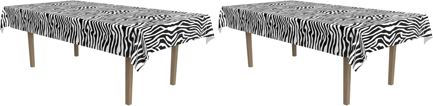 Beistle Plastic Disposable Rectangular Zebra Print Table Cover Bachelorette Birthday Party Supplies and Tableware, 54"x108", Black, White