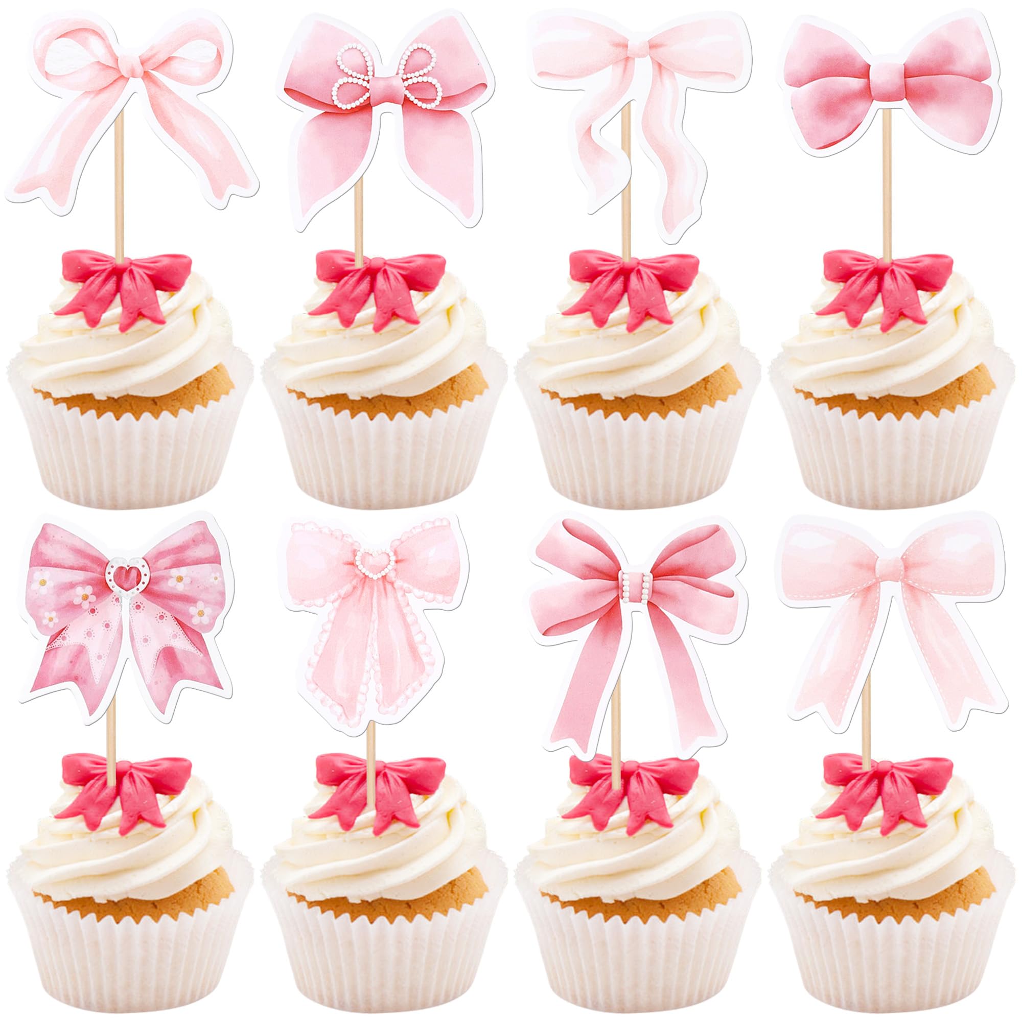 Xsstarmi 40 Pack Pink Bow Cupcake Toppers Ribbon Bow Cupcake Picks for Baby Shower Princess Girls Kids Birthday Party Cake Decorations Supplies — image 1
