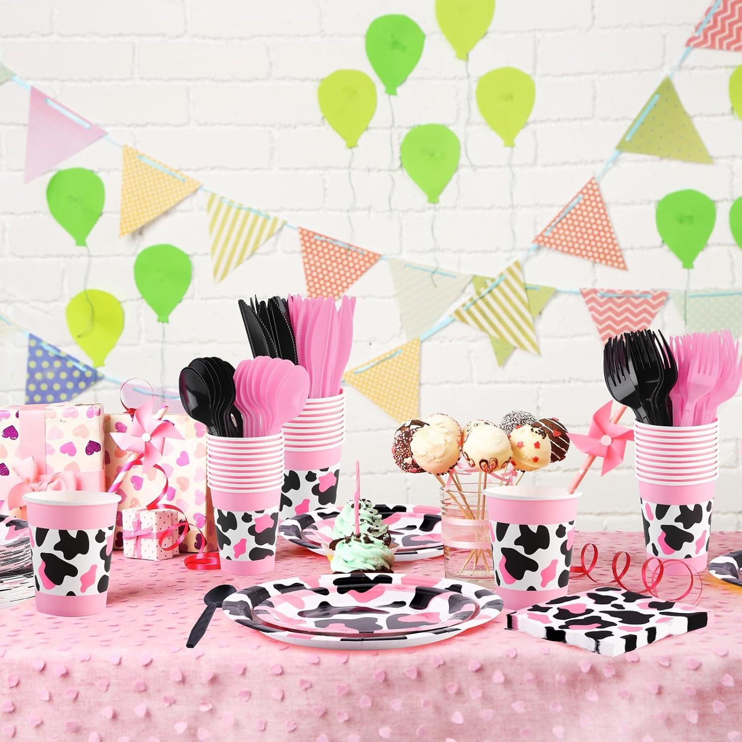 durony 210 Pieces Pink Cow Print Tableware Set Pink Cow Print Party Decorations Paper Plates Cups Napkins Knife Spoons Forks for Cowgirl, Baby Shower, Farm Birthday Party Supplies, Serve 30 Guests - Image 5