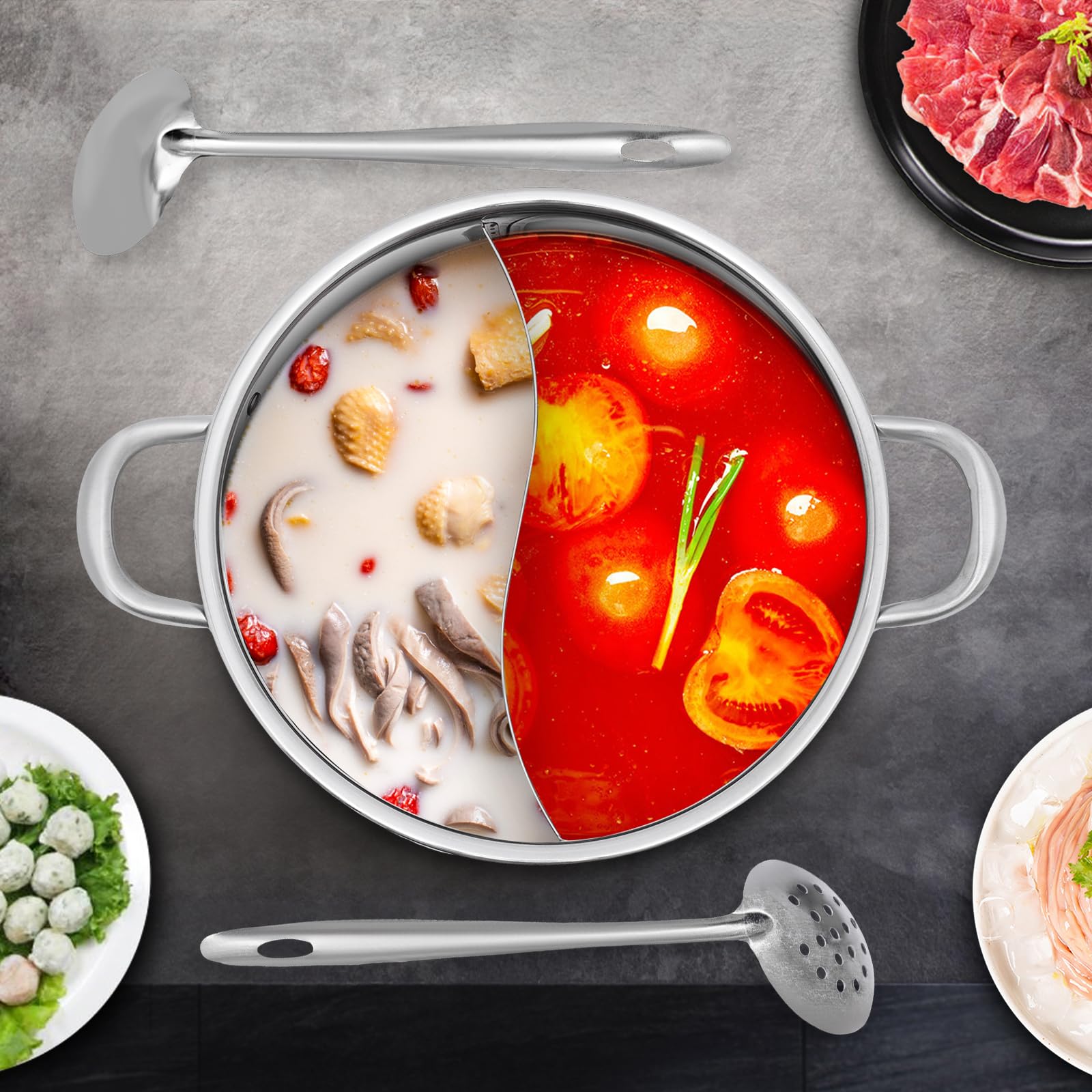 MINRS 304 acciaio inossidabile alimentare shabu 30 cm mandarino duck hot pot con coperchio e cucchiaio, due camere shabu shabu acciaio inox pentola profonda utilizzata con fornello a induzione argento