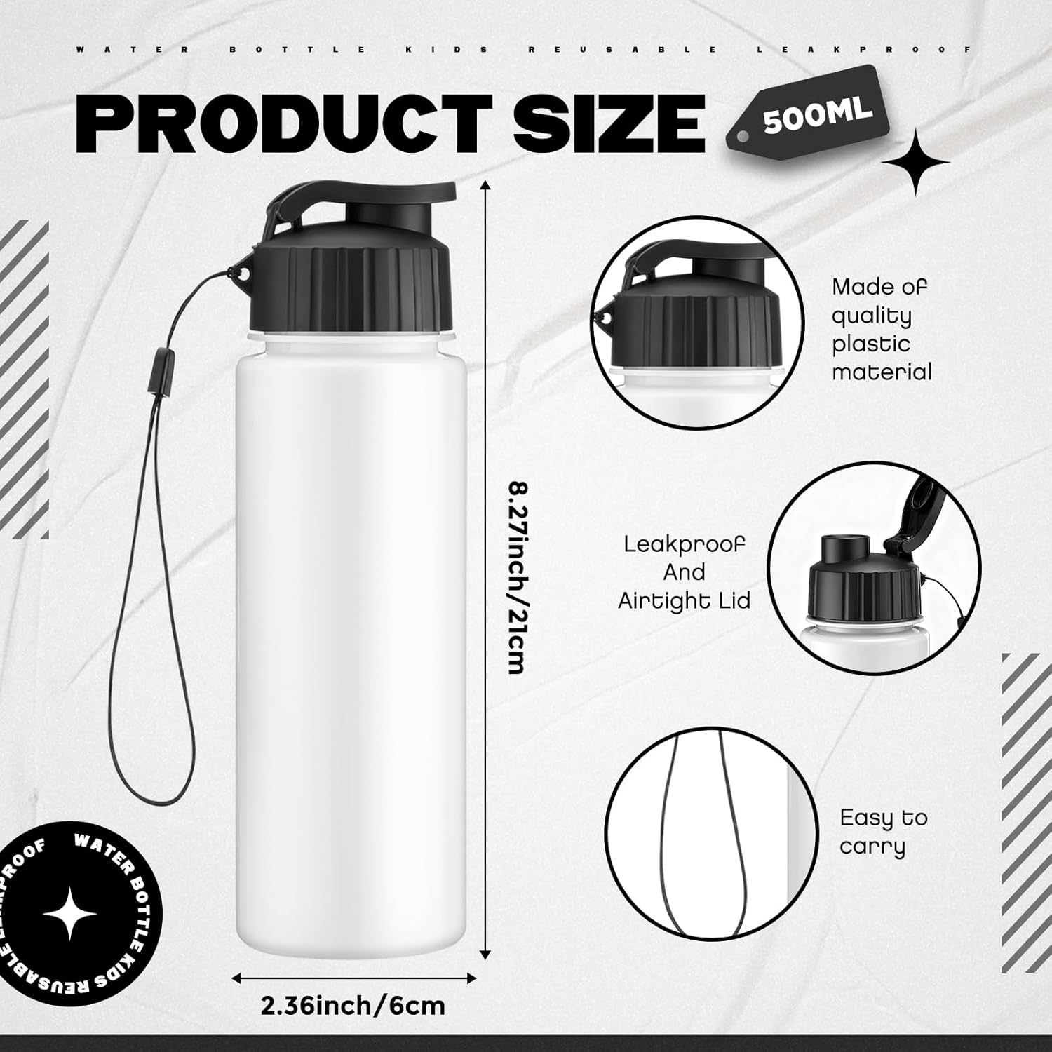 Maxcheck 30 Pieces Water Bottle Bulk 17 oz Plastic Sports Water Bottles Bulk with Handle Strap Lightweight Leakproof Drink Flip Top for Adults Fit Gym(Simple Style,White,Black) - Image 2