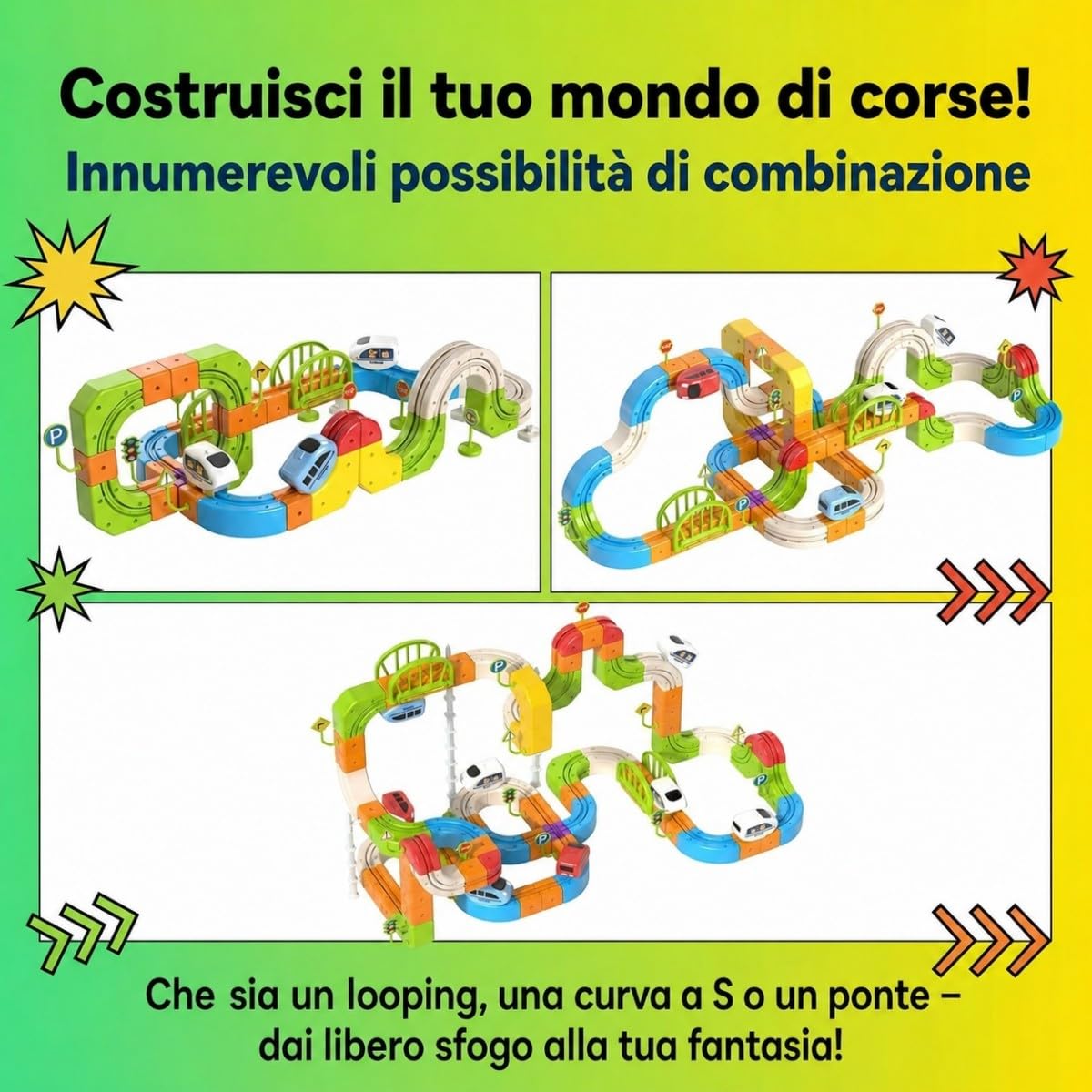 Trenino Elettrico, Pista 3D Antigravità, 242 Pezzi, Binari su 3 Lati | Componenti con binari su 2 o 3 lati per più configurazioni; 1 locomotiva Type-C con ingranaggi meccanici senza magneti.