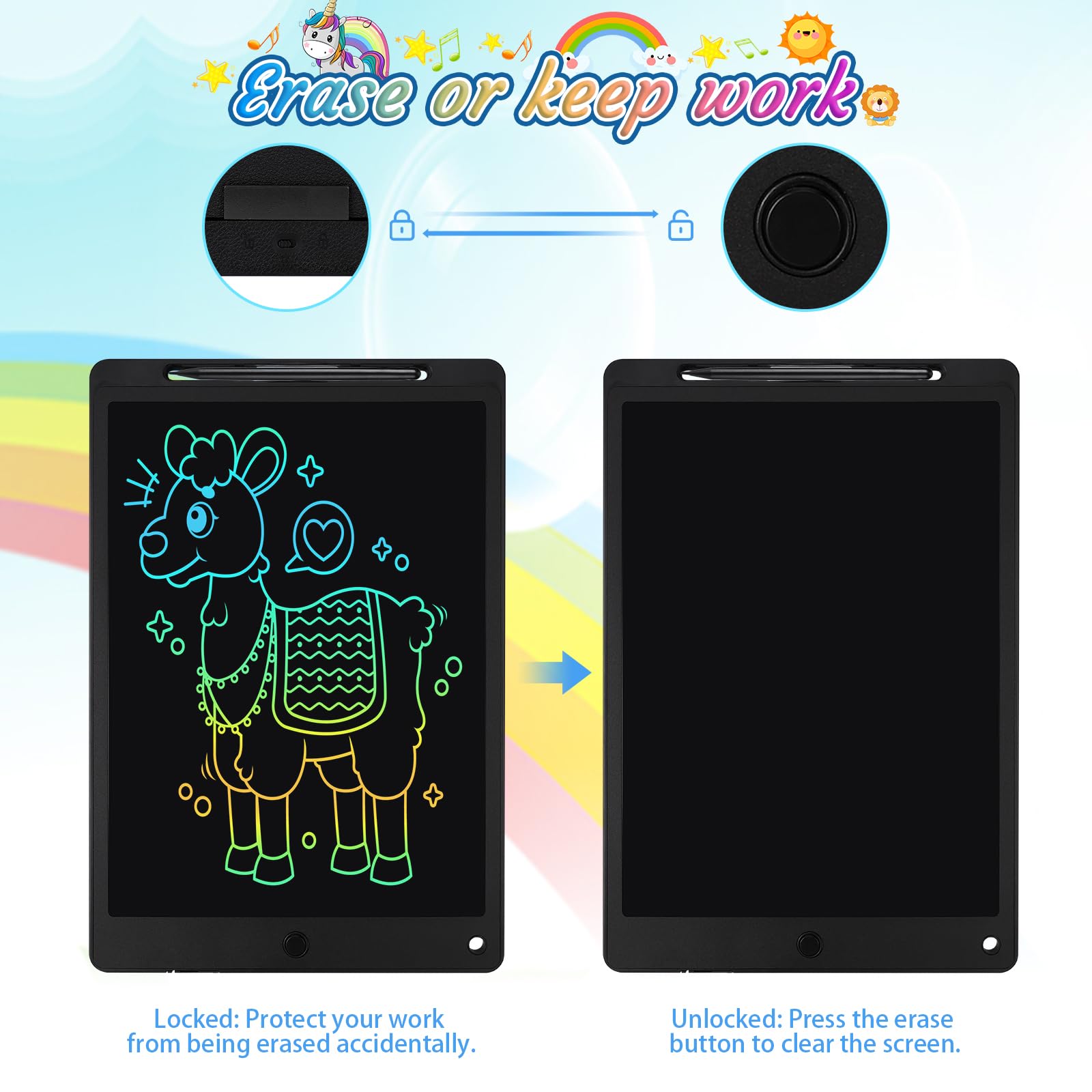Tablette Dessin Enfant 13 Pouces Écriture LCD avec Bouton Suppression Verrouillage Noir