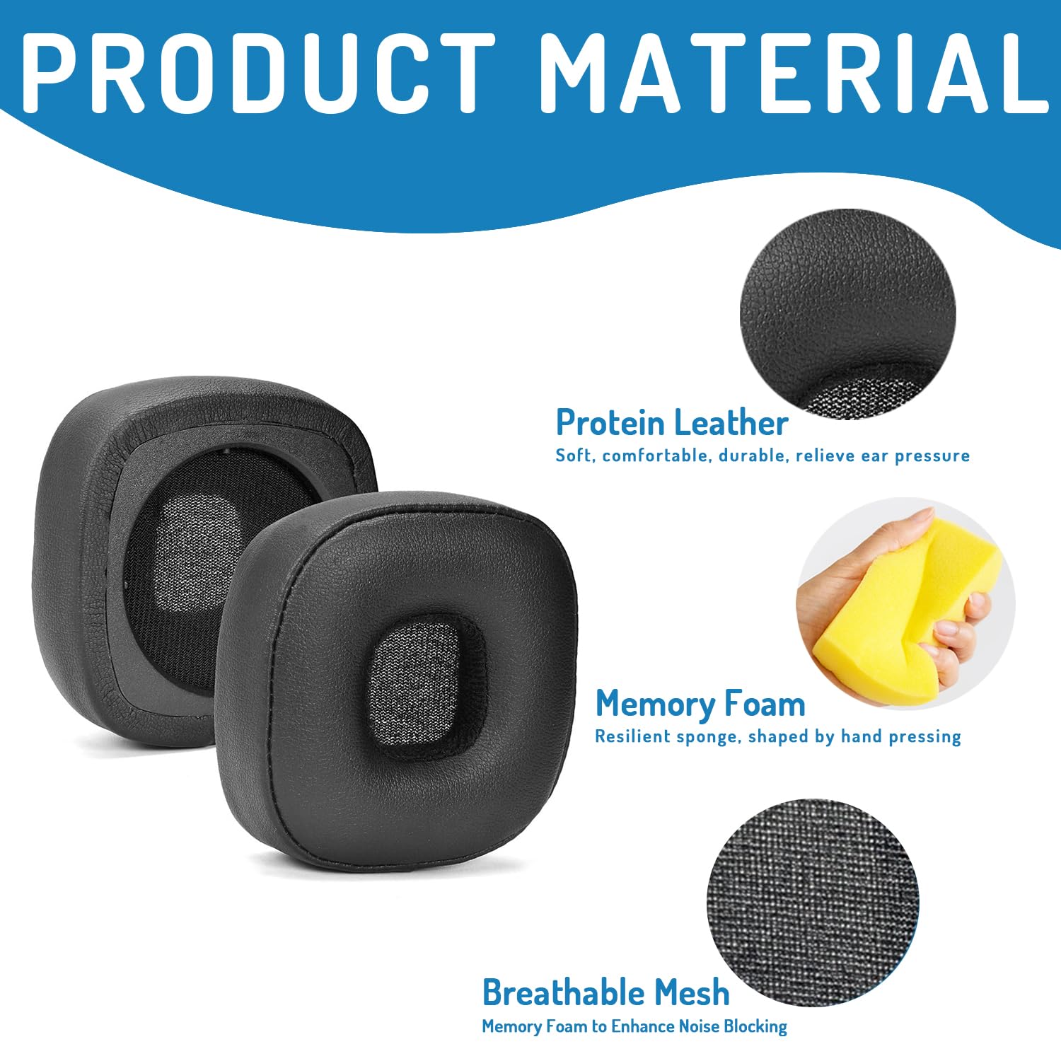 Coussinets De Rechange Pour Casque Marshall Major IV - Cuir Protéiné, Mousse Mémoire Forme, Noir