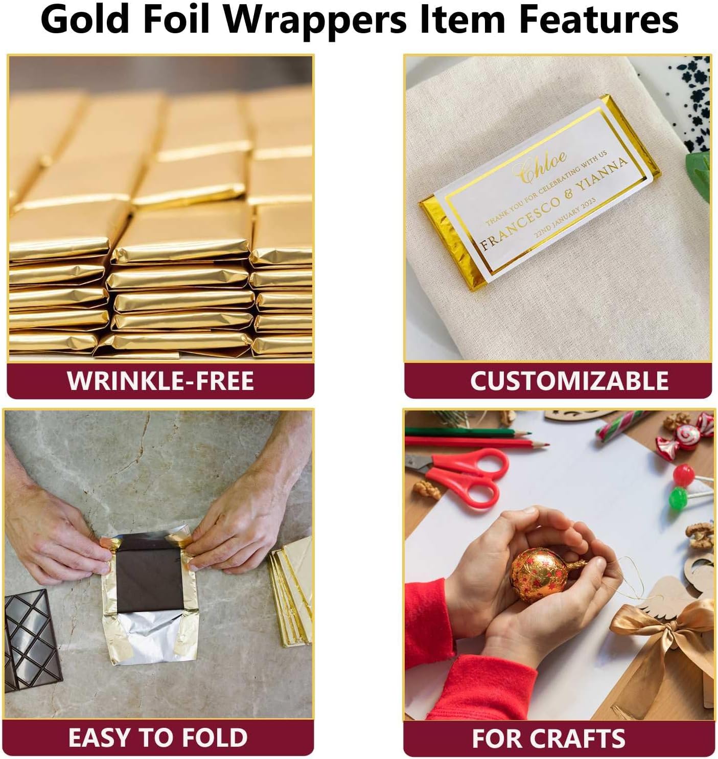 100 Pack Chocolate Bar Wrappers with Thick Paper Backing,Come with 100 Stickers,6" X 7.5", Gold Foil Candy Wrappers, Homemade Individual Wrapping Sheets,Durable,Wrinkle-Free (Gold-with Stickers)