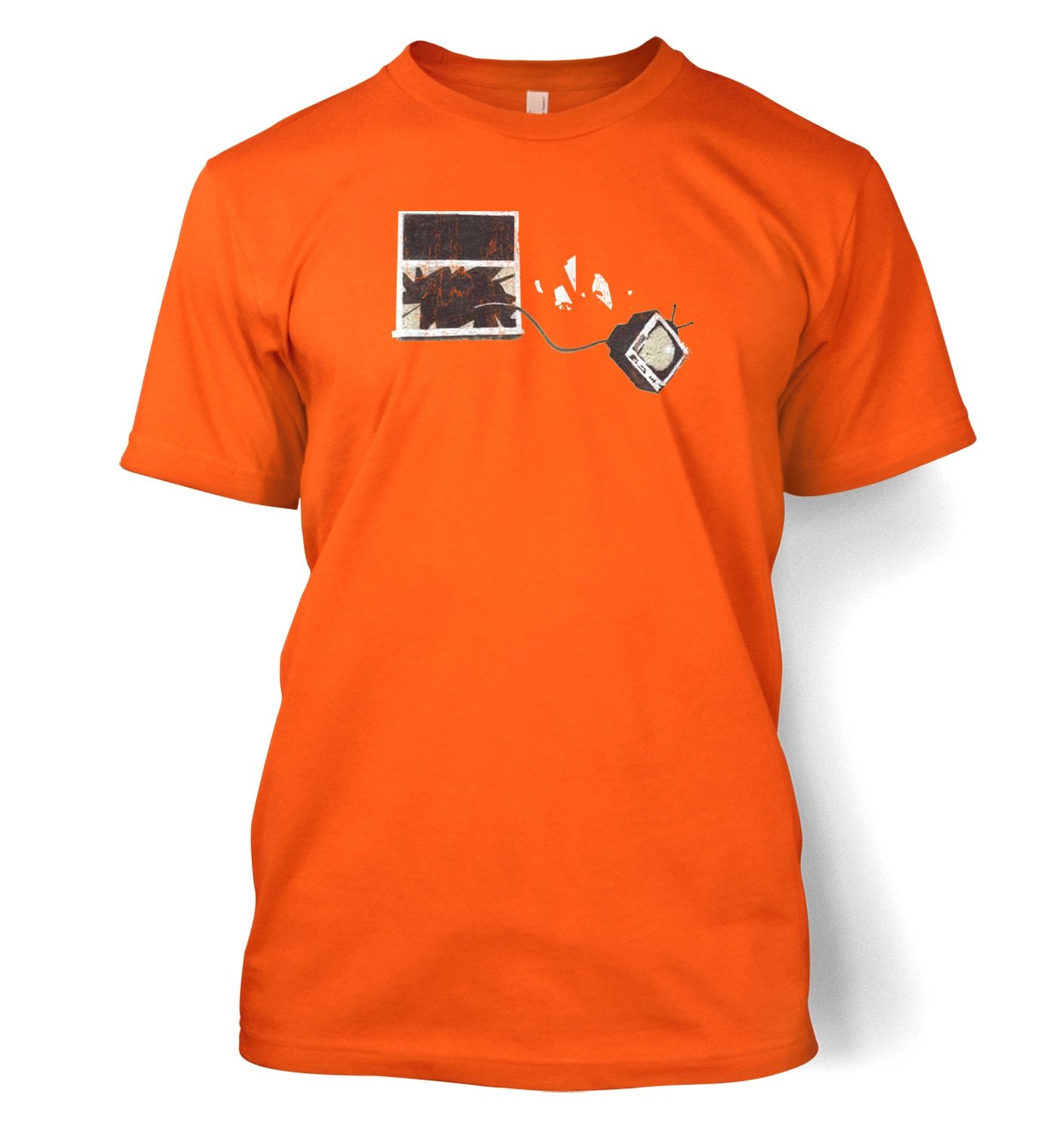Banksy By Big Mouth Men's Orange Banksy Tv Out The Window T-Shirt - Large (42/44")