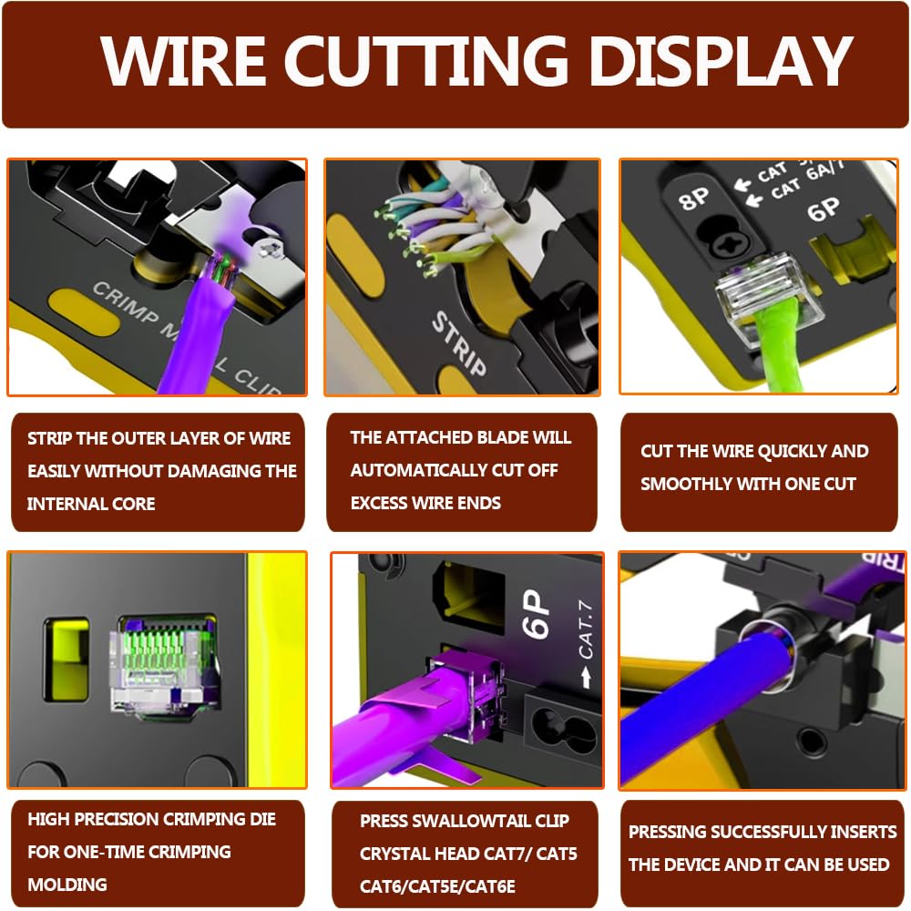 MAYLINE Appareil de test de câble réseau RJ11 RJ45 Cat5 Cat6 Outils de réparation Coupe-dénudeur, sertissage du connecteur coaxial, dénudage du câble Cat6e Jaune