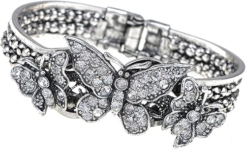 Alilang Pulsera vintage de alas de mariposa con diamantes de imitación de cristal transparente de tono plateado, Diamante de imitación