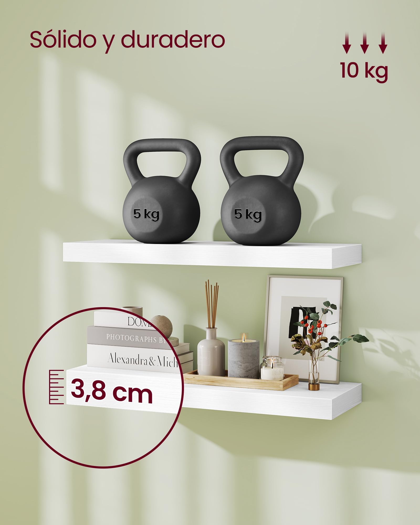 VASAGLE Estante de Pared, Juego de 3, Estante Flotante, 20 x 60 x 3,8 cm, Balda de Pared para Marcos de Fotos, Decoración, para Salón, Estudio, Cocina, Blanco Niebe LWS026WE01-3J