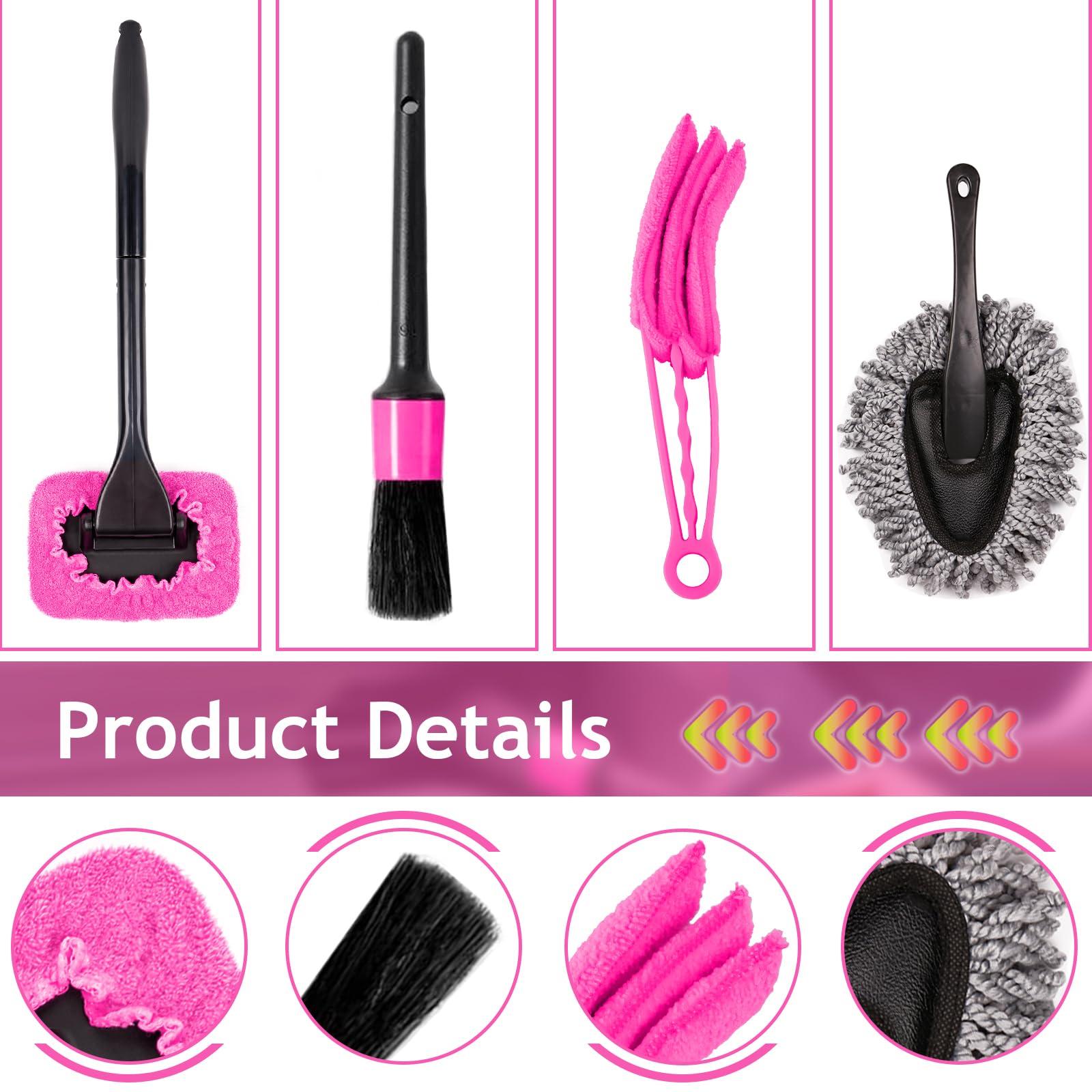 Kit de limpieza, lavado de autos rosados ​​para el lavado de autos de damas: incluye 17 piezas de gel de lavado de autos, tela de limpieza de microfibras,(pink)