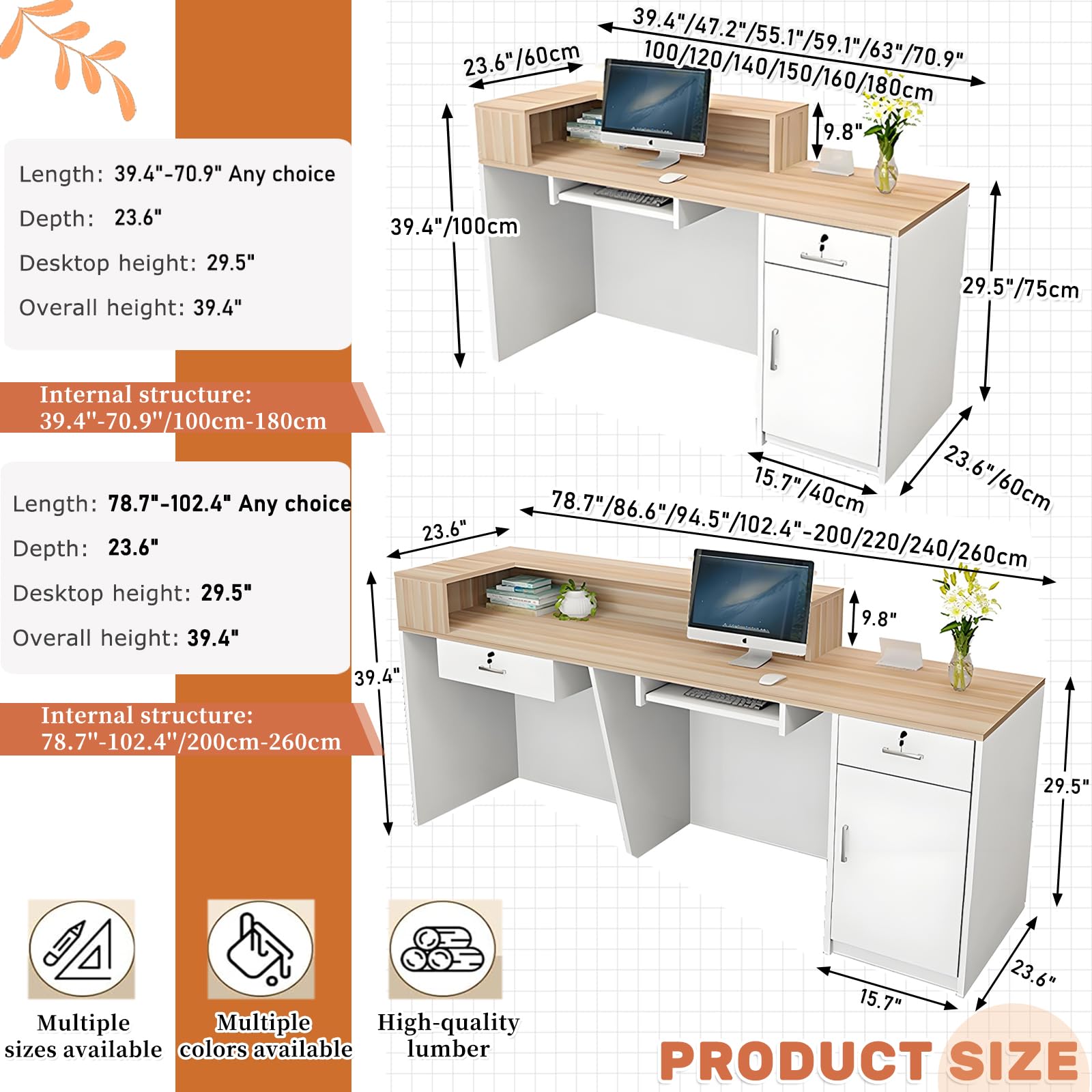 Moderno banco reception con cassetto portaoggetti regolabile 99-241,3 cm, elegante postazione cassa per salone, ufficio, hotel e vendita al dettaglio, design ad angolo bianco e nero (140 x 60 x 100 cm
