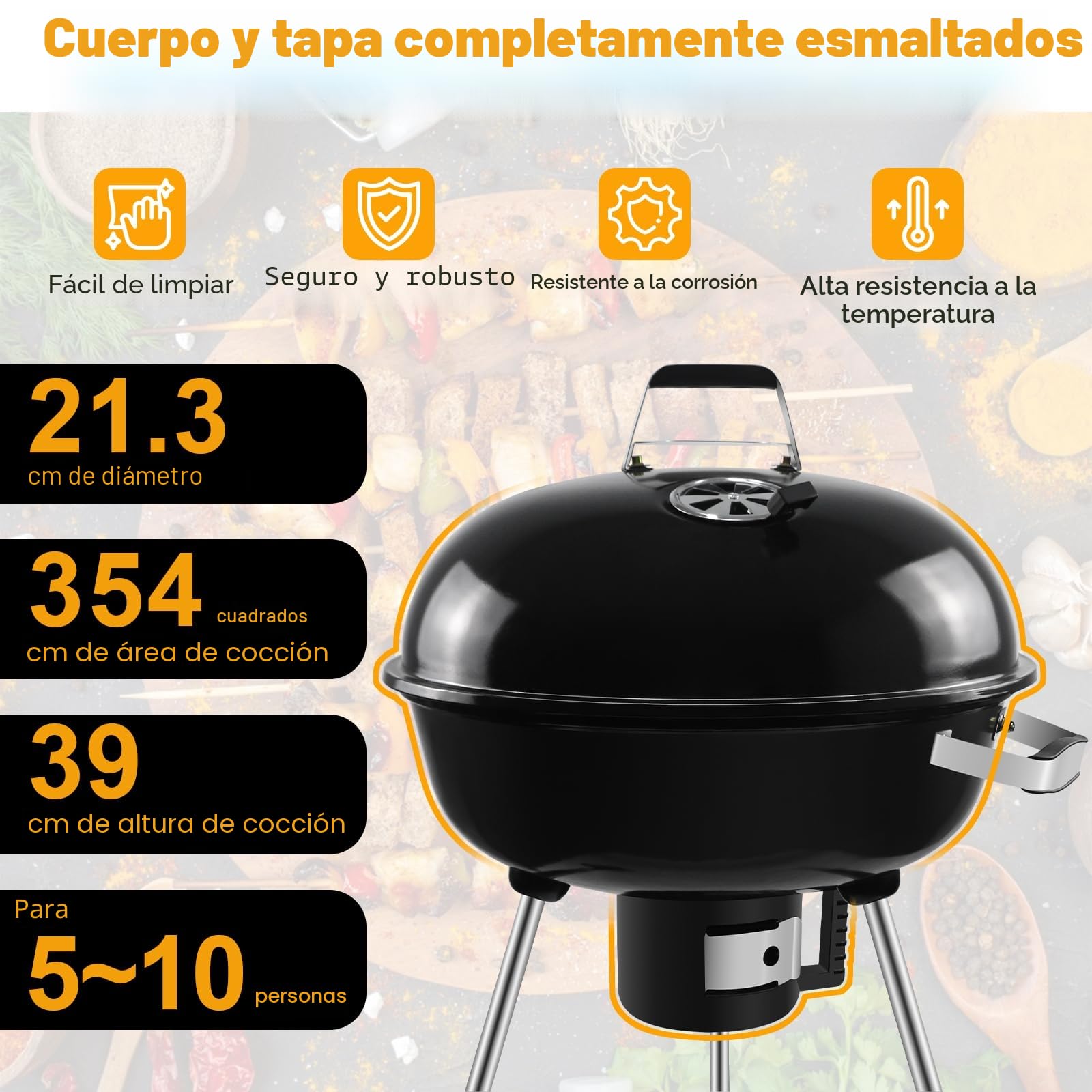 Barbacoa de carbón vegetal con tapa y ruedas, 54 cm de diámetro, compacta y fácil de transportar, perfecta para camping y eventos al aire libre, 64 x 64 x 99 cm | Parrilla de 54 cm de diámetro, carro de carbón vegetal con ruedas, adecuado para camping