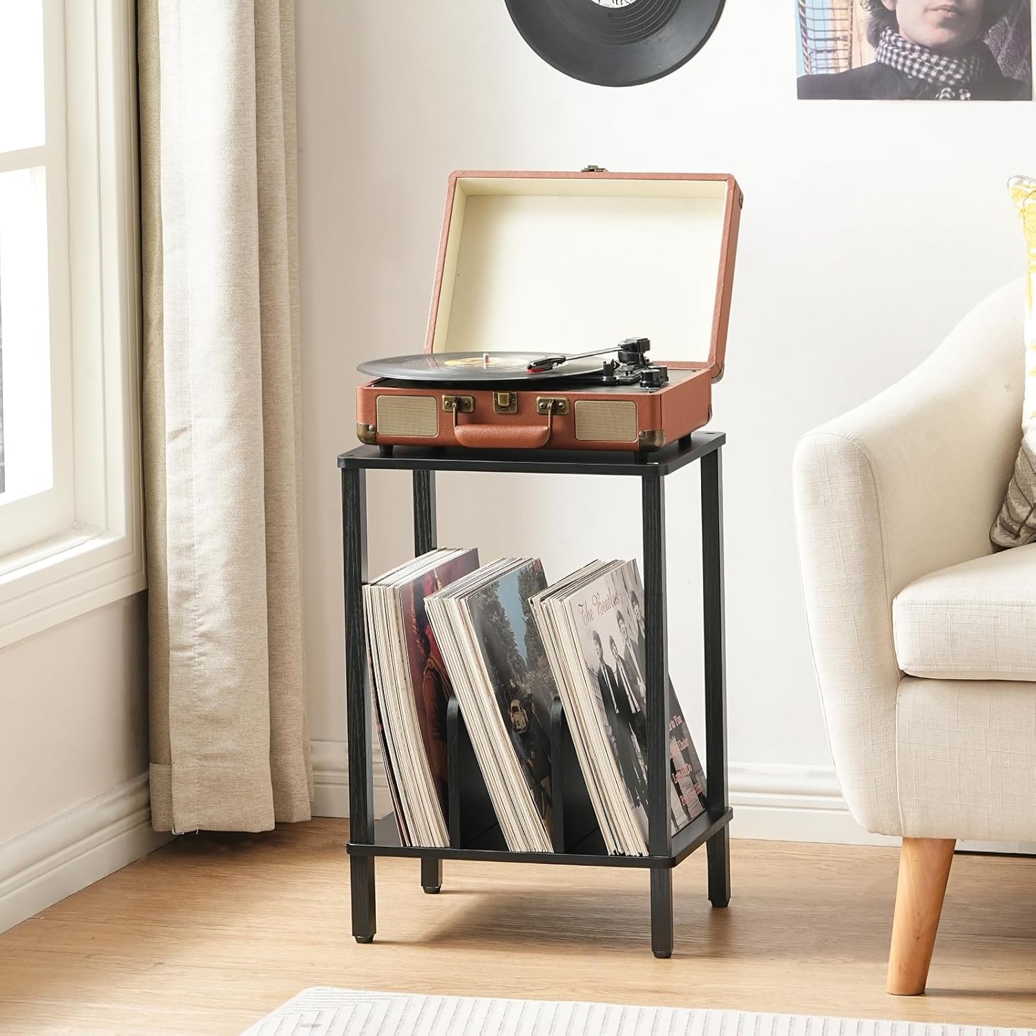 HOOBRO Small End Table, 2-Tier Record Player Stand Vinyl Record Turntable Stand with Storage up to 100 Albums, Small Side Table for Living Room, Bedroom Black, BK05RS01
