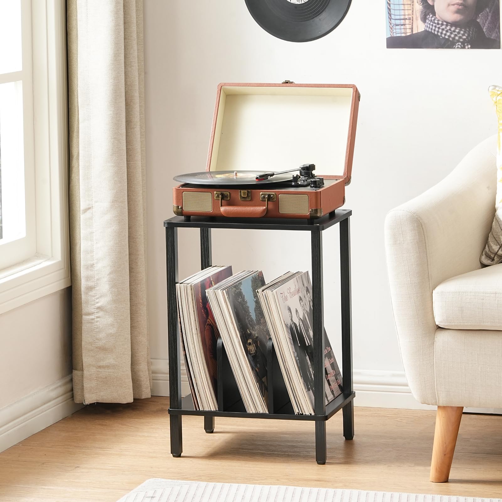 HOOBRO Soporte para Tocadiscos de 2 Niveles, Mesa para Tocadiscos de Vinilo de Estilo Industrial, con Separadores, para 100 Discos y CD, Mesa Auxiliar para Salón, Negro EBK05RS01