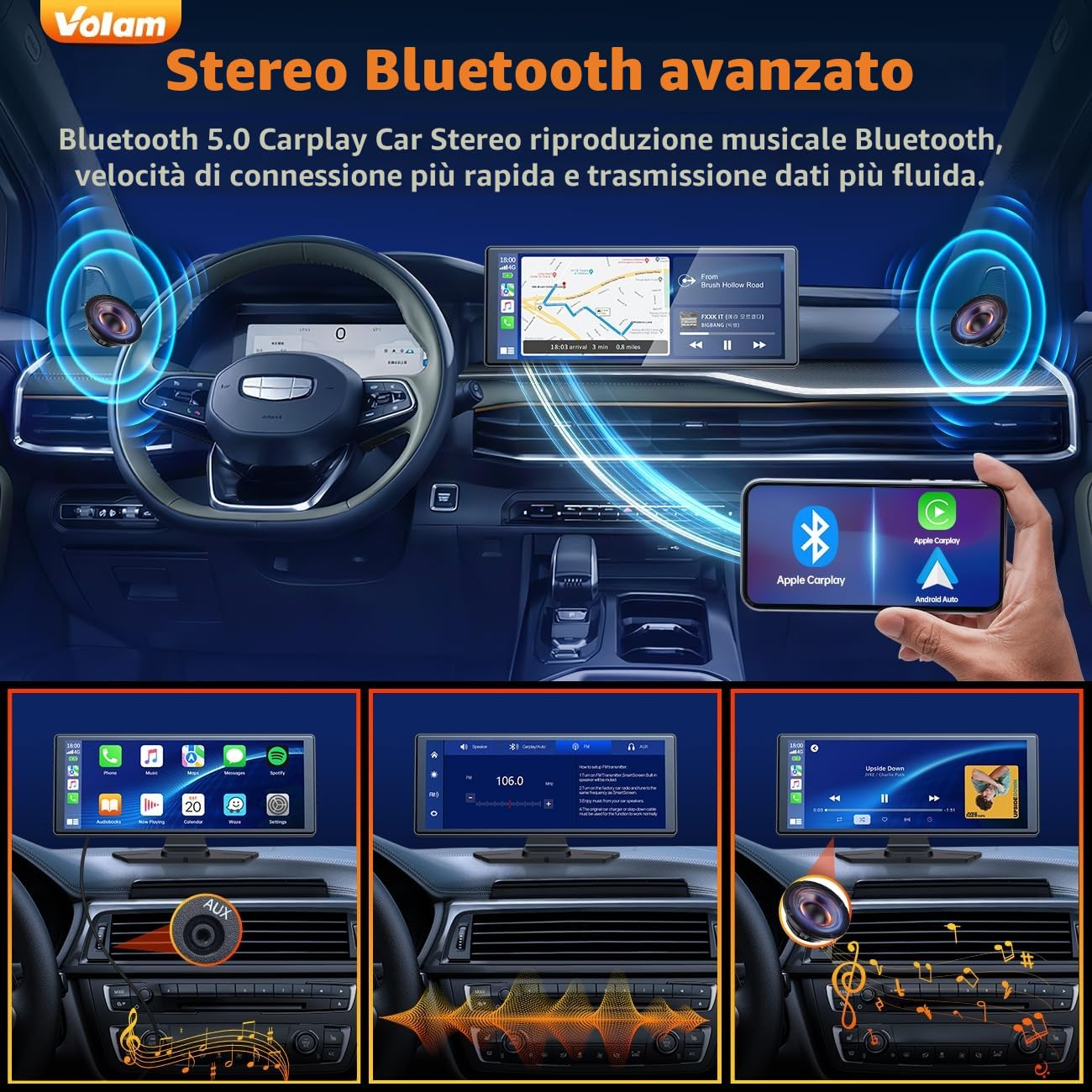 Volam CarPlay Wireless da 9.26" schermo per auto,schermo carplay con lettore stereo per auto A-pple CarPlay&Android Auto,IPS Touch Screen,Autoradio con Voice GPS Navigation/Bluetooth 5.0/MirrorLink