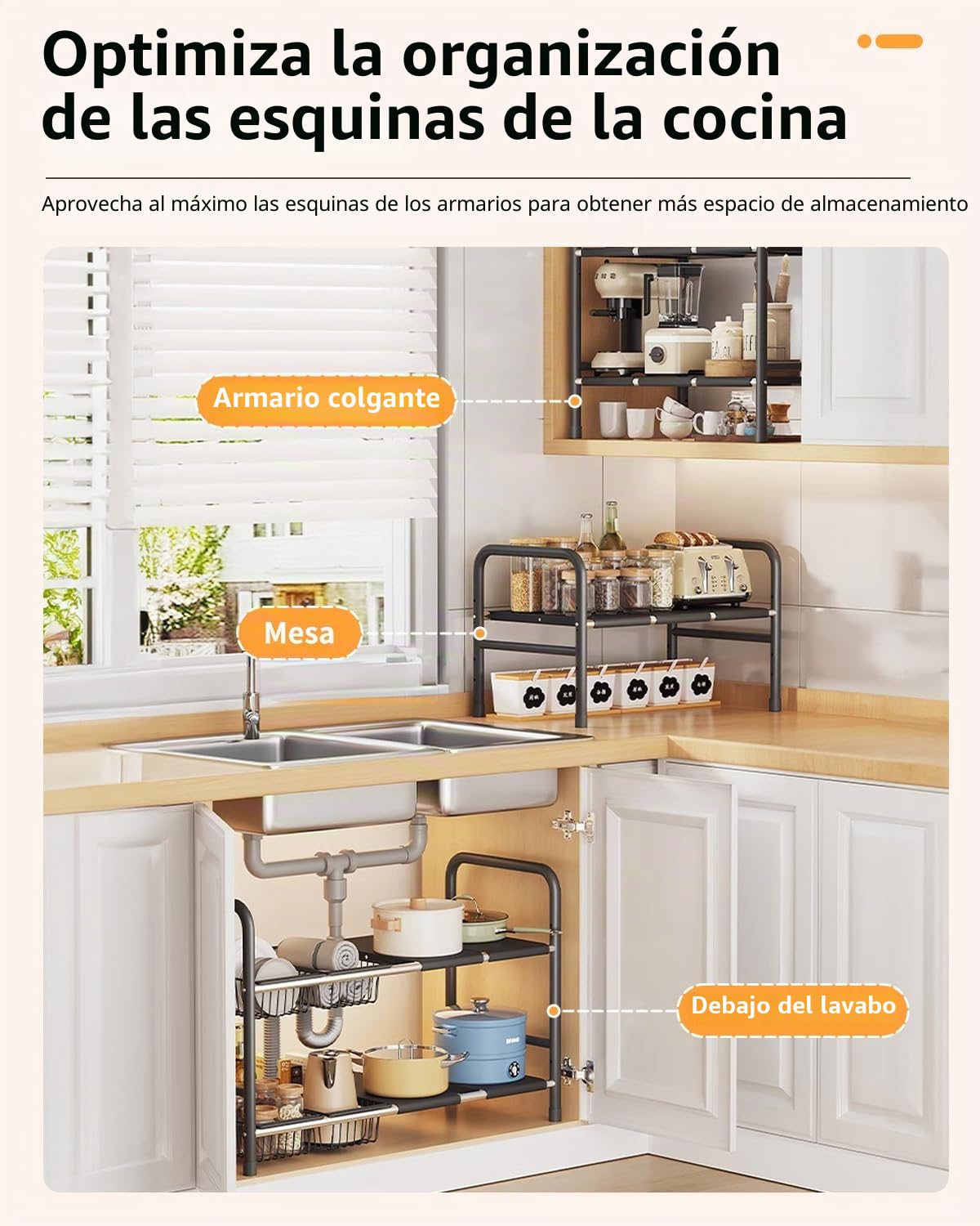 Estanterías Almacenaje para Cocina – Dimensiones Ajustables de 49 x 25 x (52,5~88) cm, Estante Extensible bajo Fregadero en Acero Inoxidable, Organizador Armario (8 Paneles)