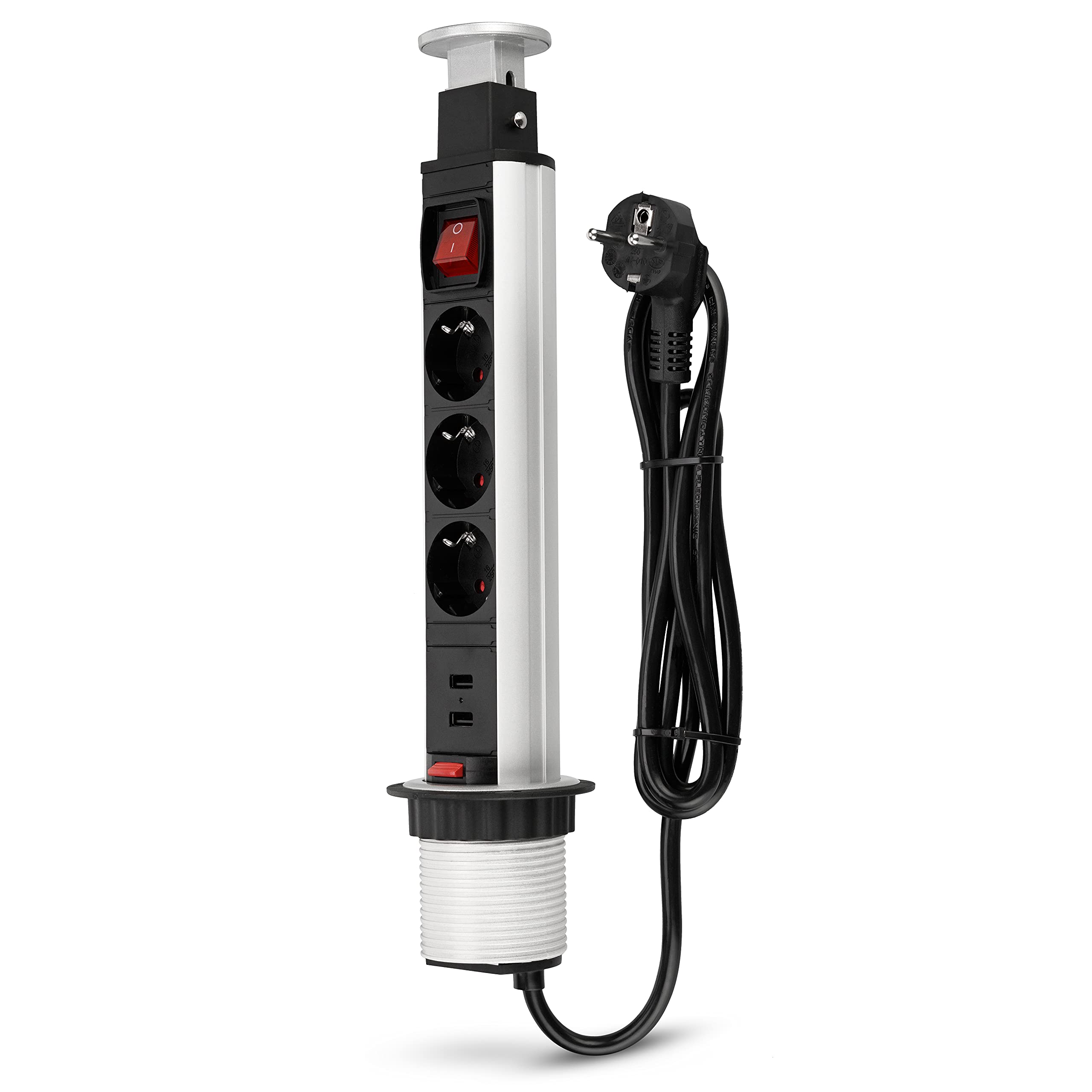 REV 0012398712 Mehrfachsteckdose, Steckdosensäule 3fach + USB, versenkb. 1,5m, 3500W, schwarz