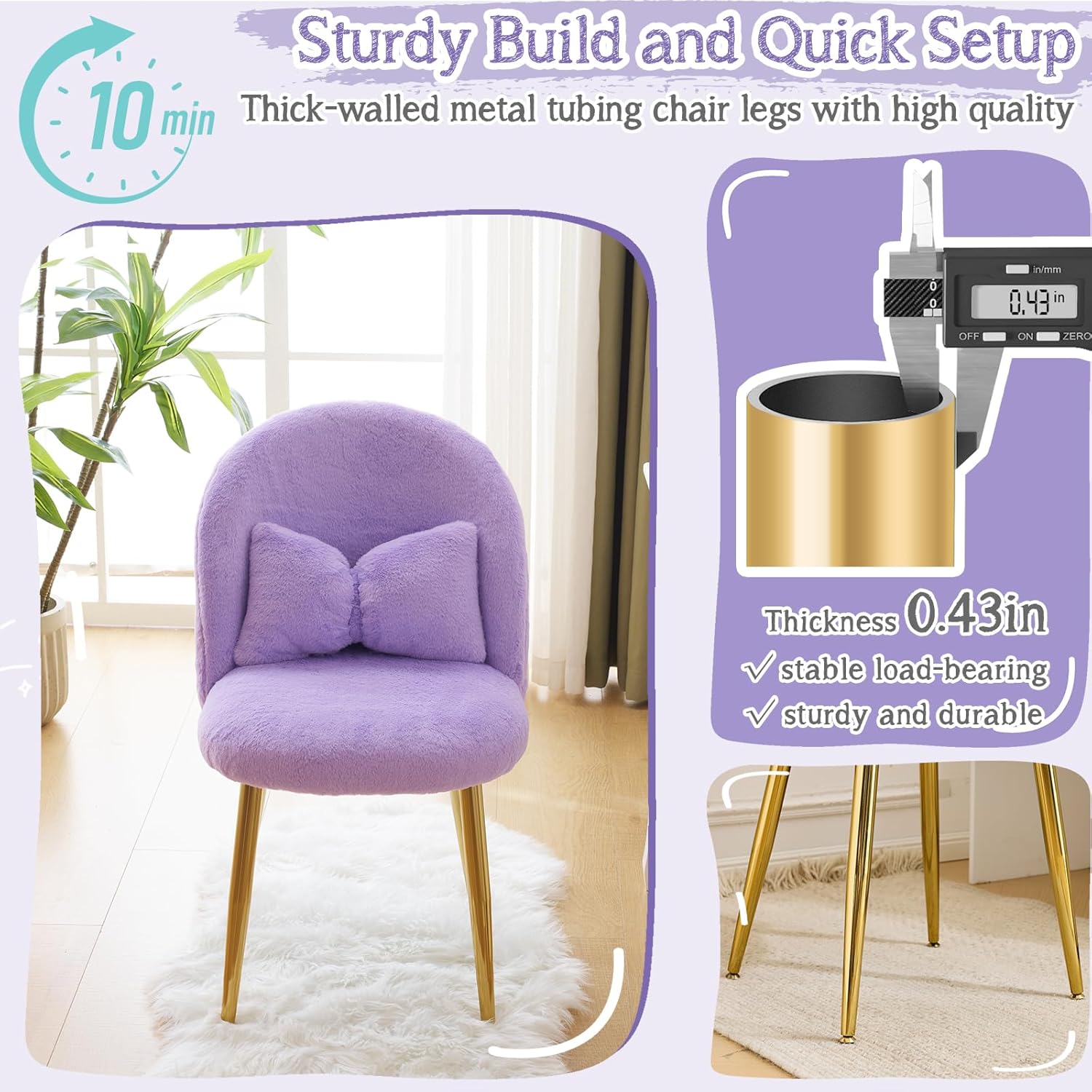 VINGLI Fluffy Girls Vanity Chair with Back & Pillow,Cute Small Cozy Desk Chair No Wheels,Comfy Makeup Ch with Ajustable Gold Legs,for Bedroom,Living Room,Small Space,Purple