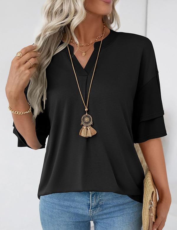 LOMON V Neck Blouses for Women Double Tiered Ruffle Sleeve T Shirts Elegant Bell Tee 3/4 Sleeve Tunic Tops Loose Fit Black M by LOMON - Image 5