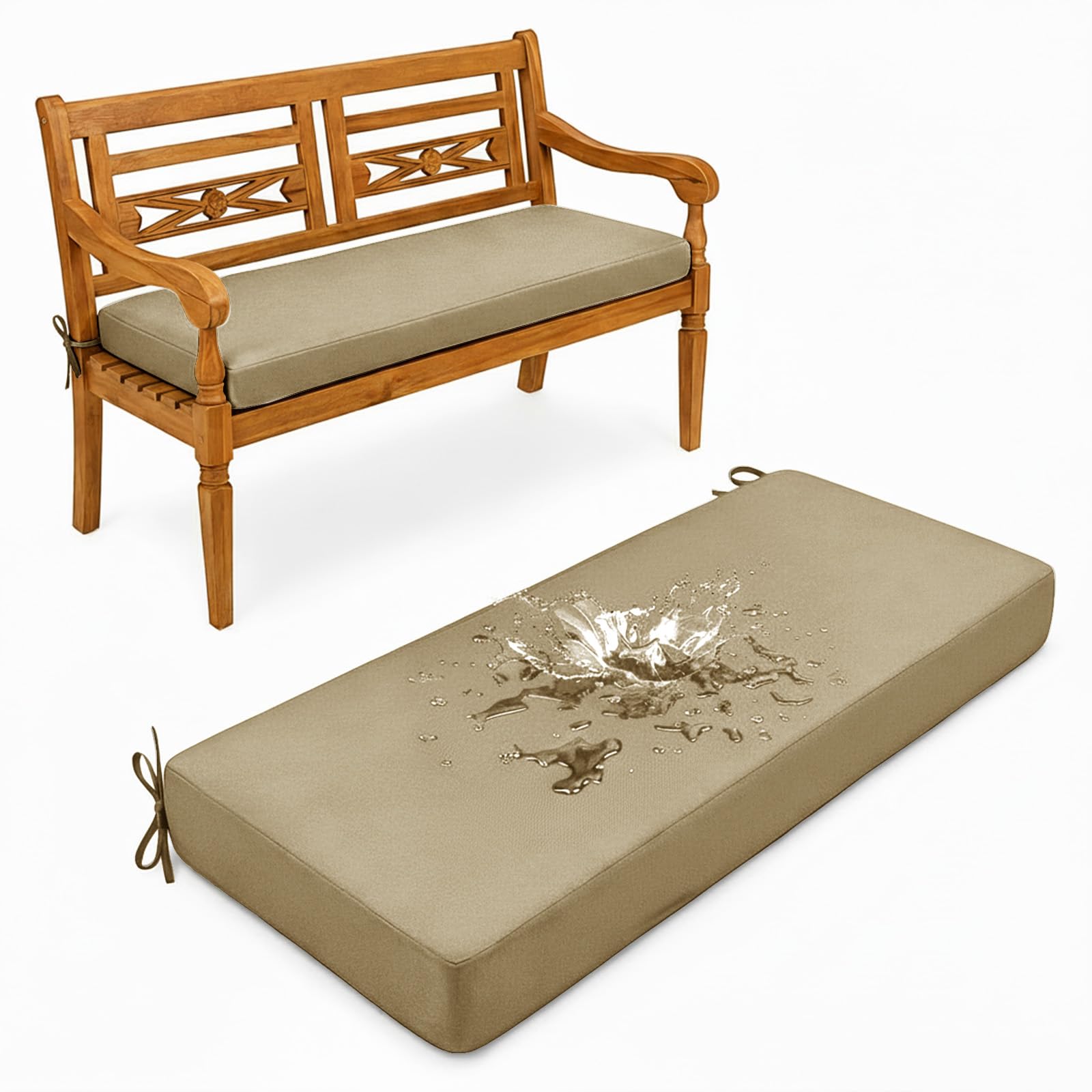 Aocase Outdoor Bench Cushion - 120cm/150cm/100cm/90cm x 35cm/30cm, Non-Slip Washable Cover, Zippered Removable, High-Resilience Foam,for Garden Benches, Bay Windows, Long Chairs,Light Khaki,65x30cm