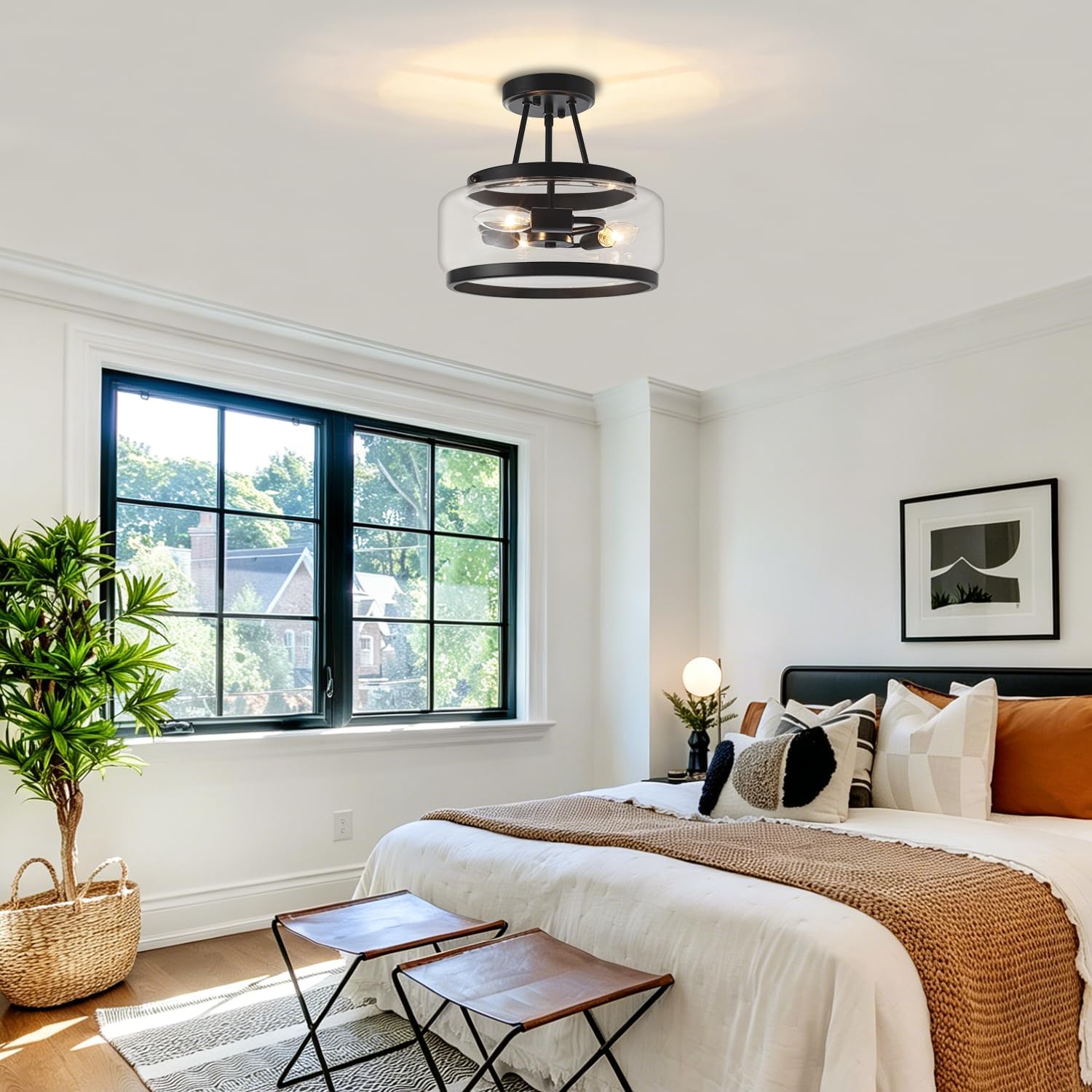 11.81" Black Semi Flush Mount Ceiling Light Fixture Modern Glass Kitchen Lighting Fixtures Ceiling Lights 3-Light Hallway Light Fixtures Drum Entryway Chandelier for Bedroom Foyer Laundry Dining Room